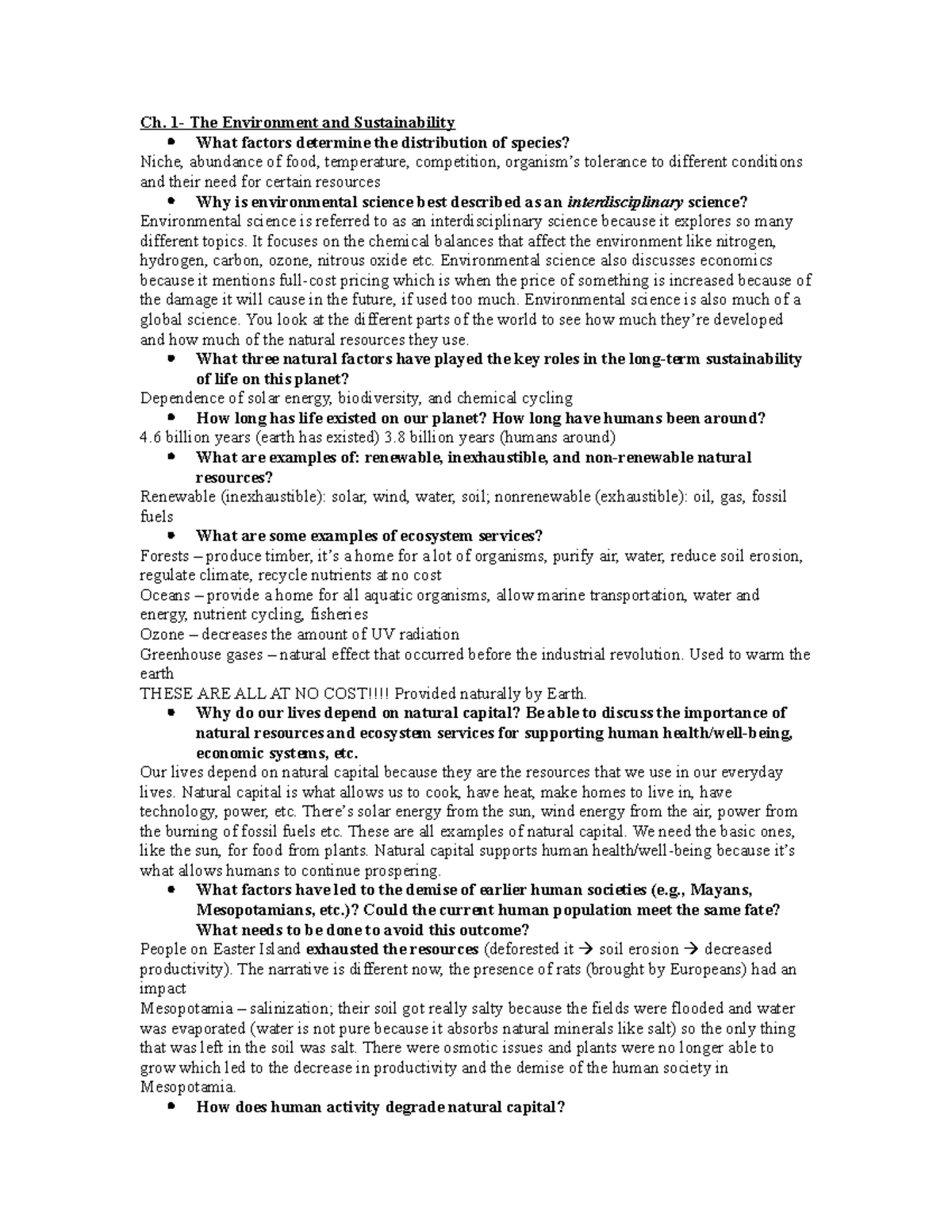 ENVI 101 Exam 1 Comprehensive Study Guide on Environment ...