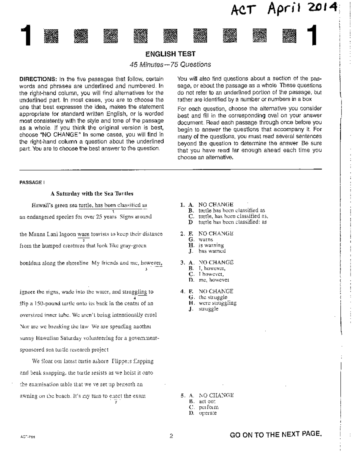 7 - April 2014 ACT English - ACT April 2014 1 ENGLISH TEST 45 Questions ...