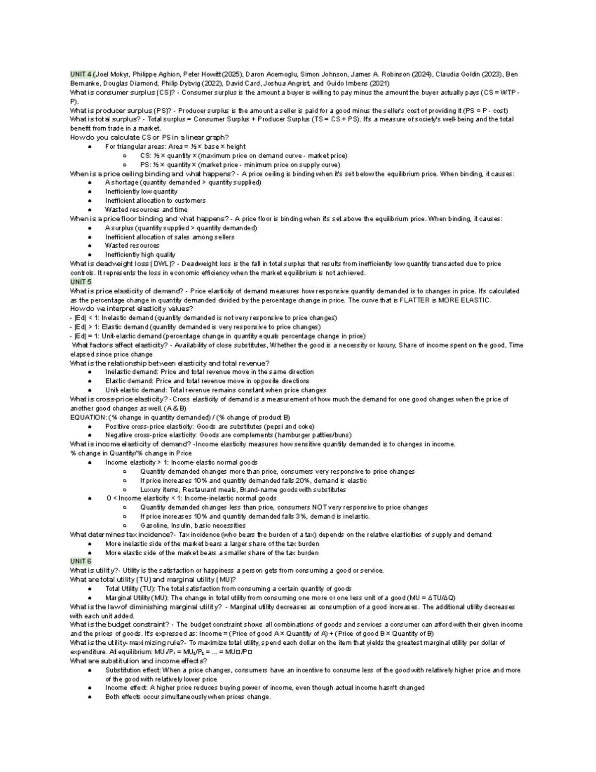 Econ Midterm 2 Cheat Sheet: Consumer & Producer Surplus, Elasticity ...