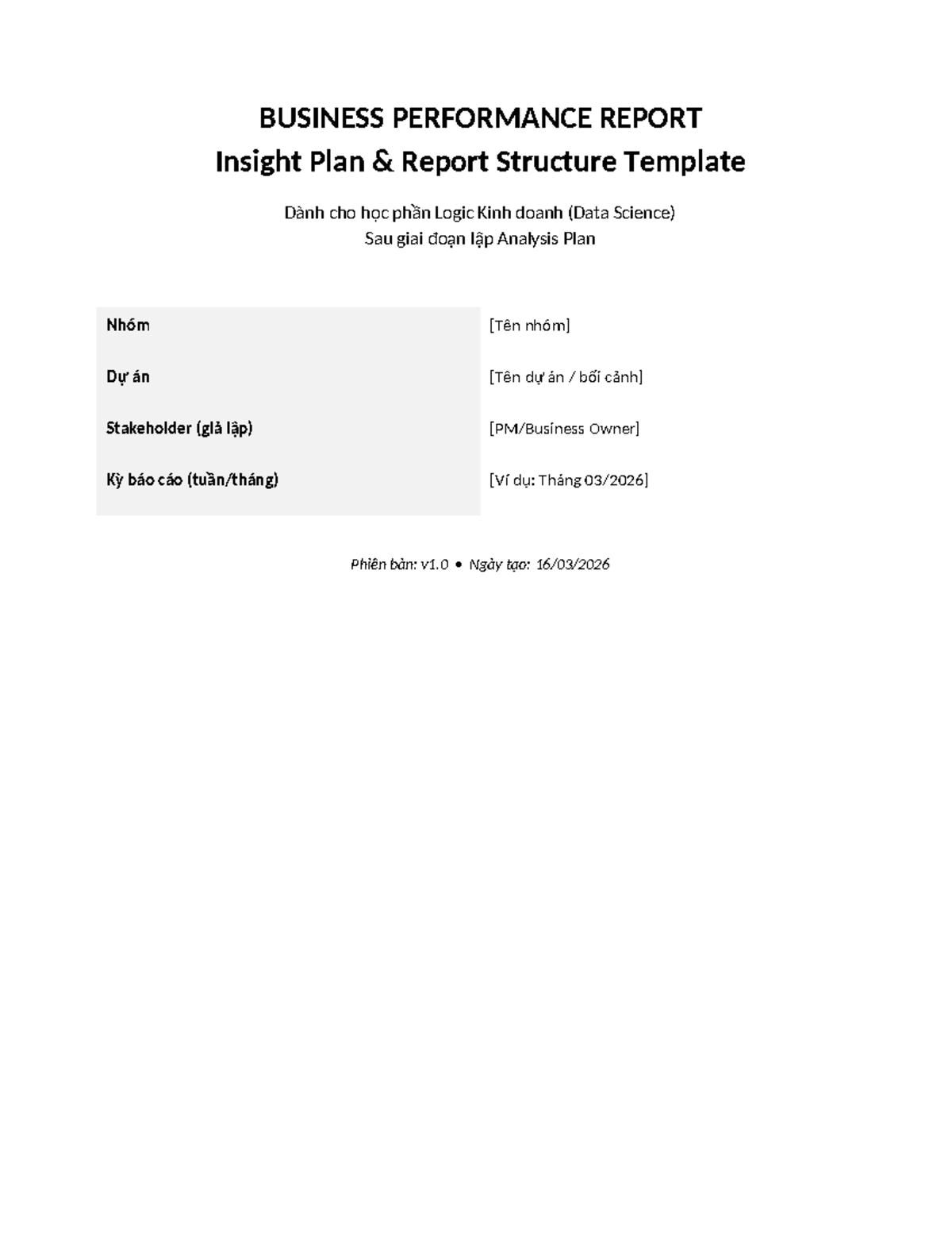 Business Performance Report Insight Plan Template (Logic Kinh doanh ...