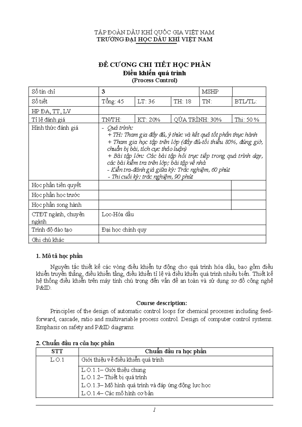 Detailed Syllabus for Process Control Course (PC101) - VNUP - Studocu