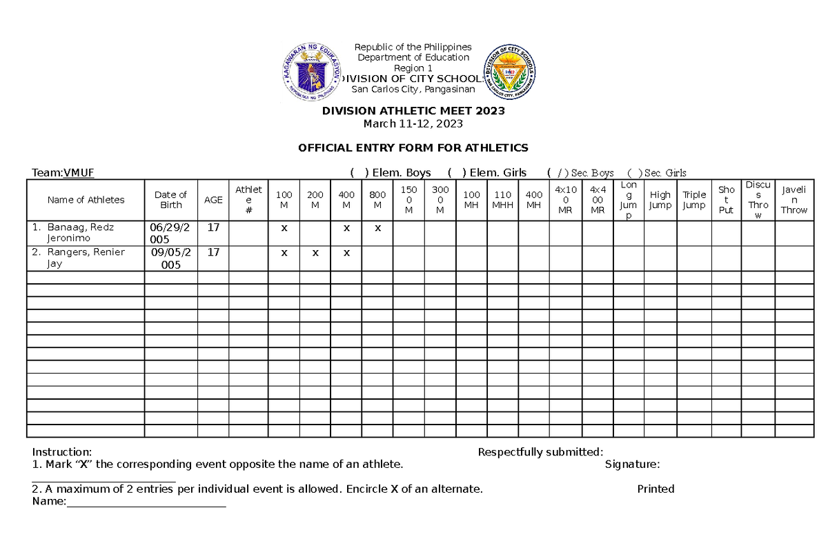 Division Athletic Meet 2023 - Official Entry Form for Boys' Events ...