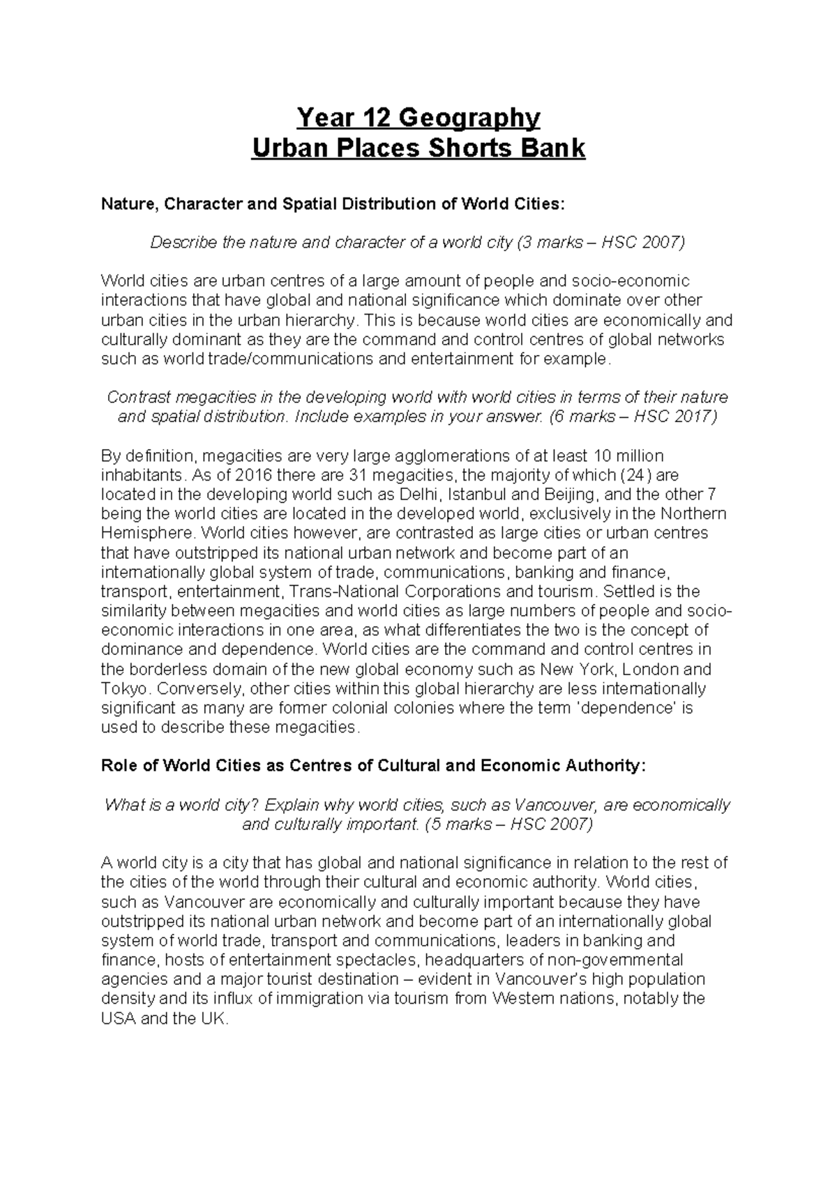 Year 12 Geography: Urban Places Overview & Key Concepts - Studocu