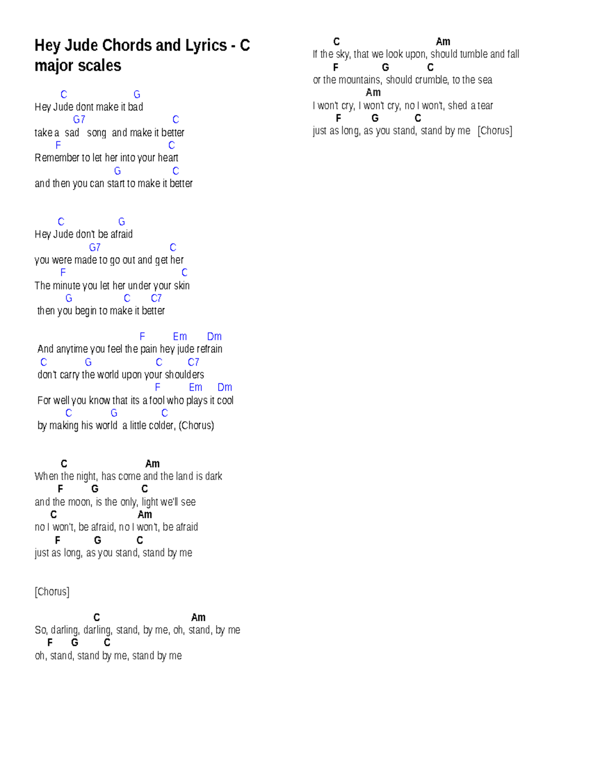 Hey Jude Chords and Lyrics - C Major Scale Guide - Studocu