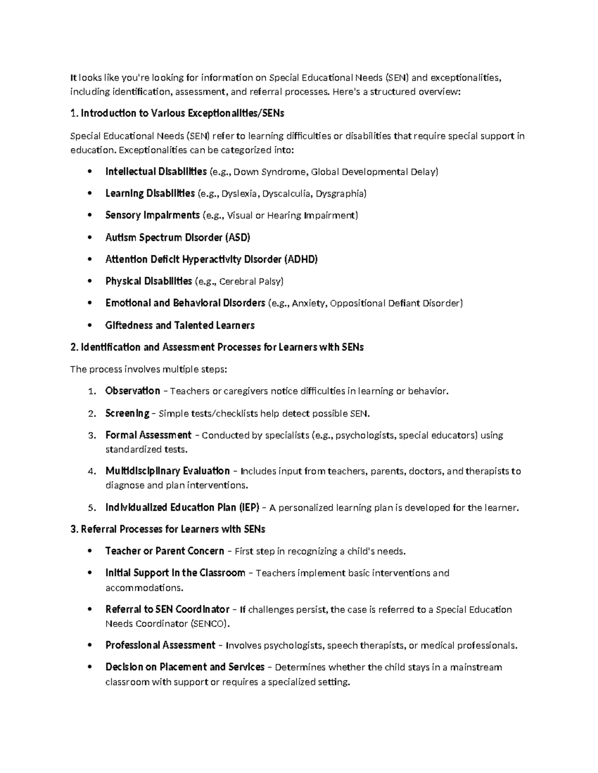 SEN Identification & Assessment: Overview of Exceptionalities ...