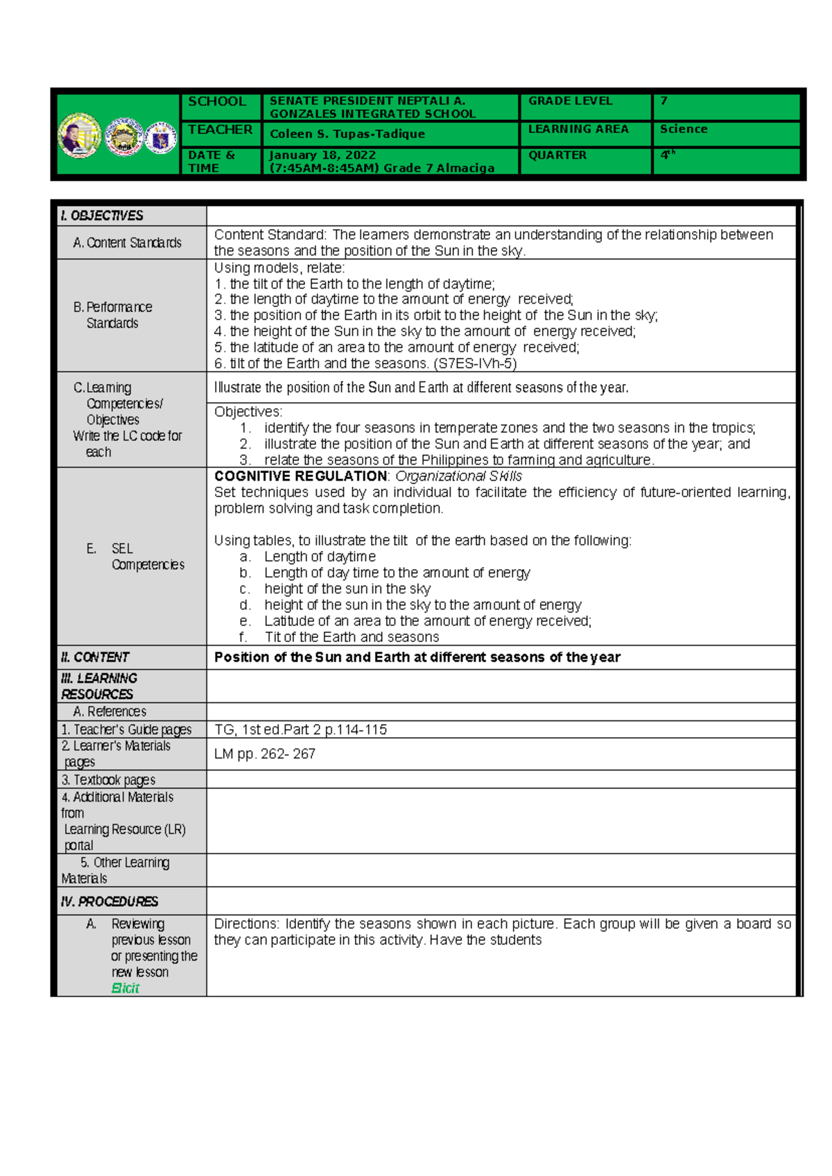 Q4 DLP COT Seasons - Grade 7 Science Lesson Plan Overview - Studocu
