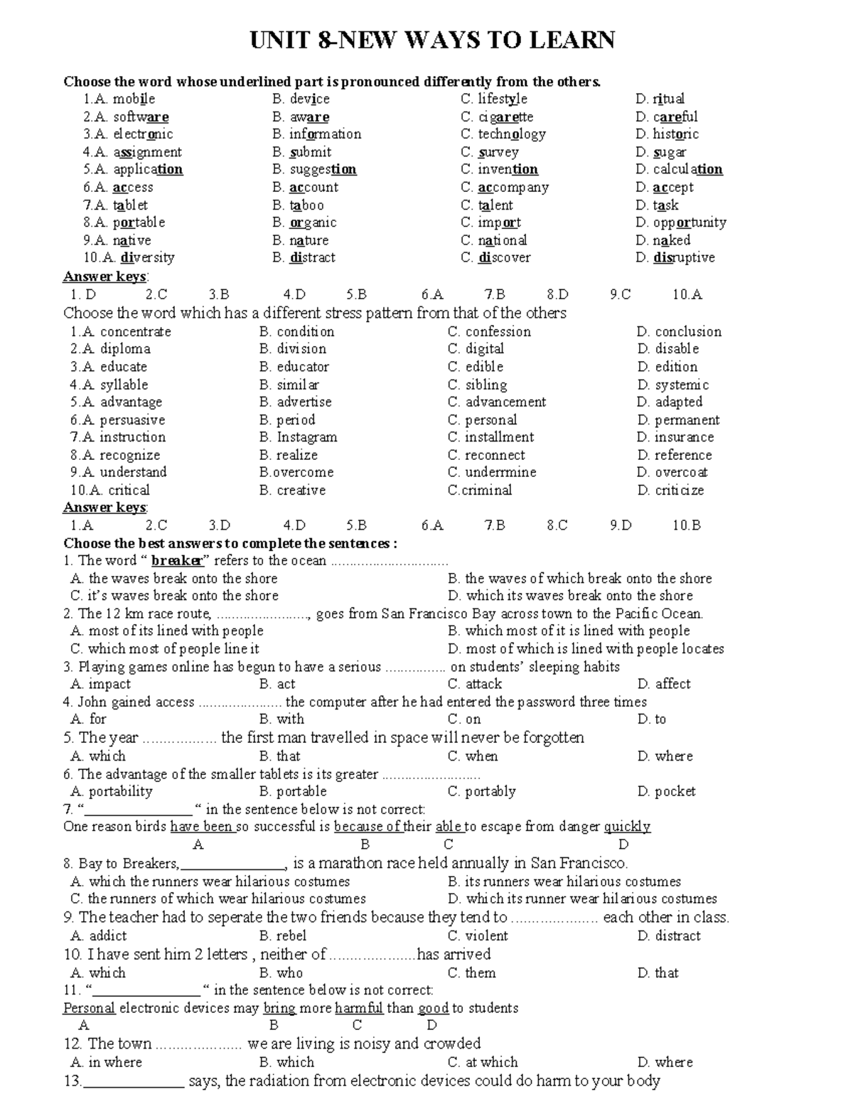 UNIT 8 - Detailed Exercises on Pronunciation and Sentence Structure ...