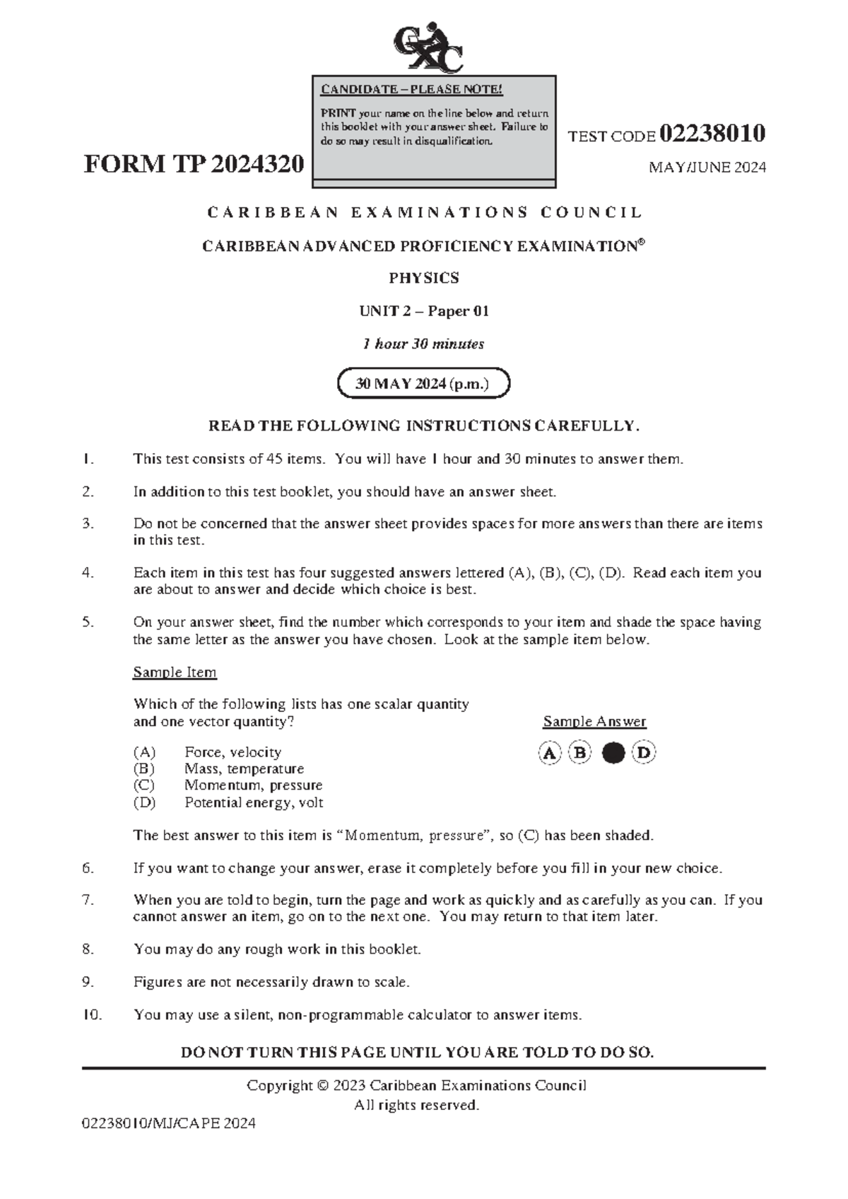 CAPE Physics Unit 2 Paper 01 Solutions 2025 - Studocu