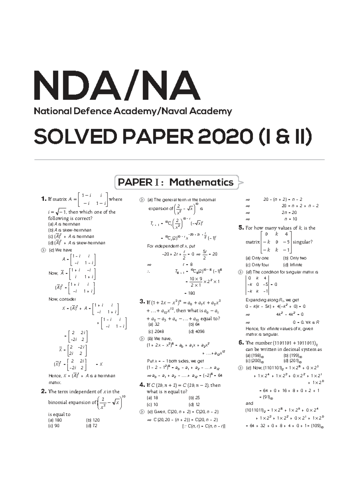 NDA 2020 Solved Paper (I & II) - Mathematics and General Studies - Studocu