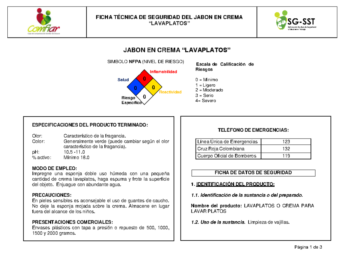 Ficha de Seguridad del Jabón en Crema Lavaplatos - HS 7.7 - Studocu