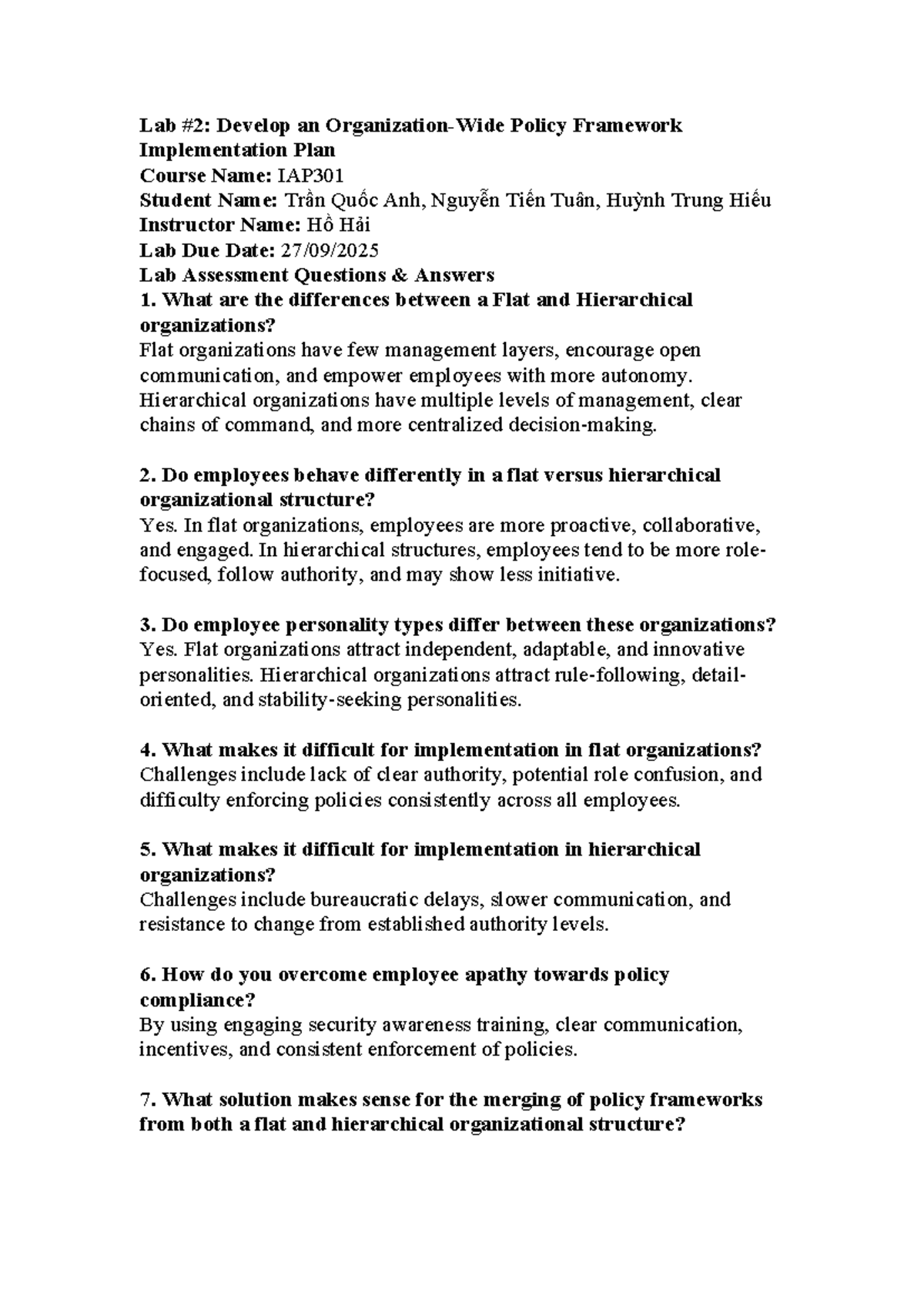 Lab 2: Policy Framework Implementation Plan - IAP301 - Studocu