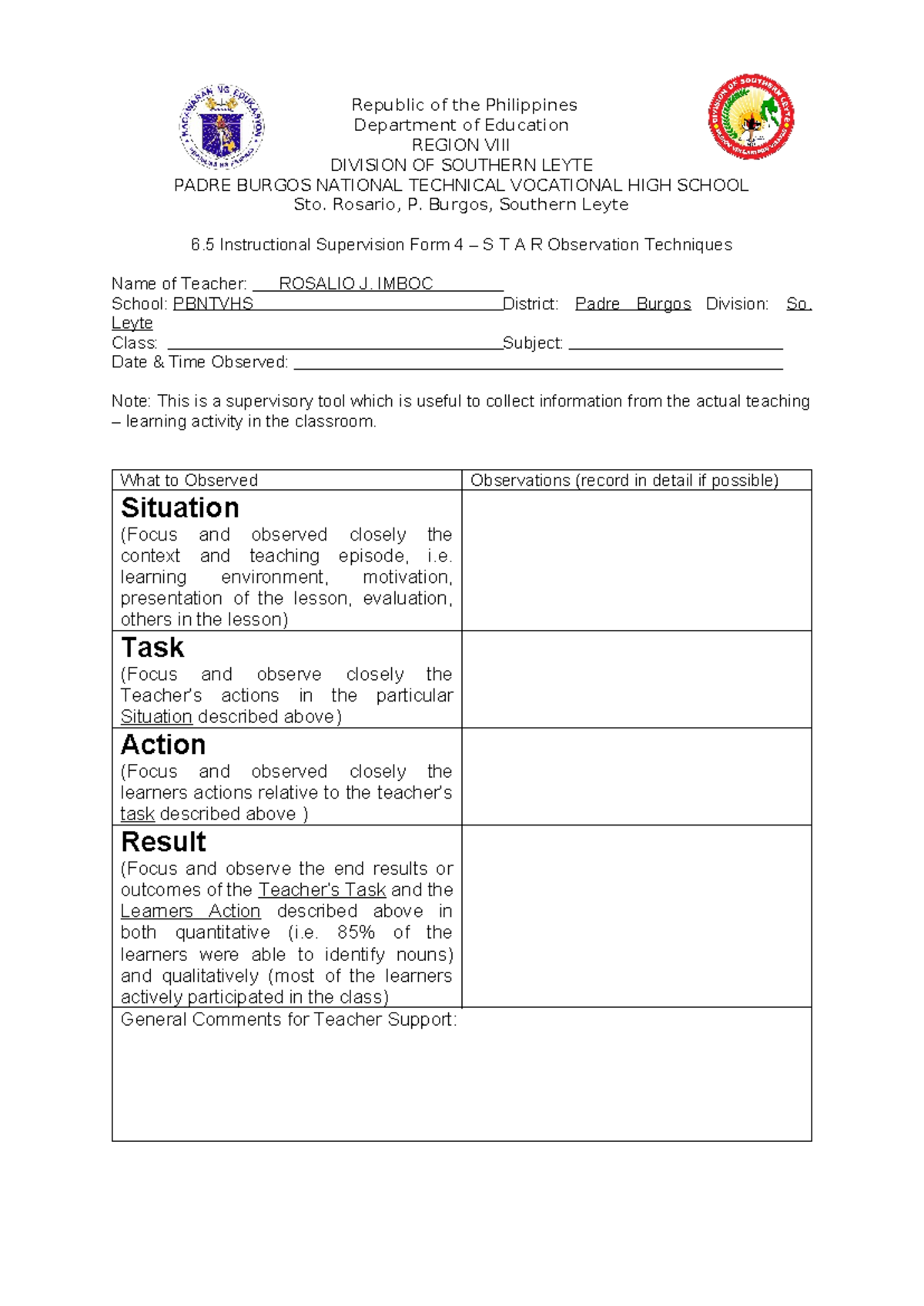 STAR Observation Techniques for Instructional Supervision Form 4 - Studocu