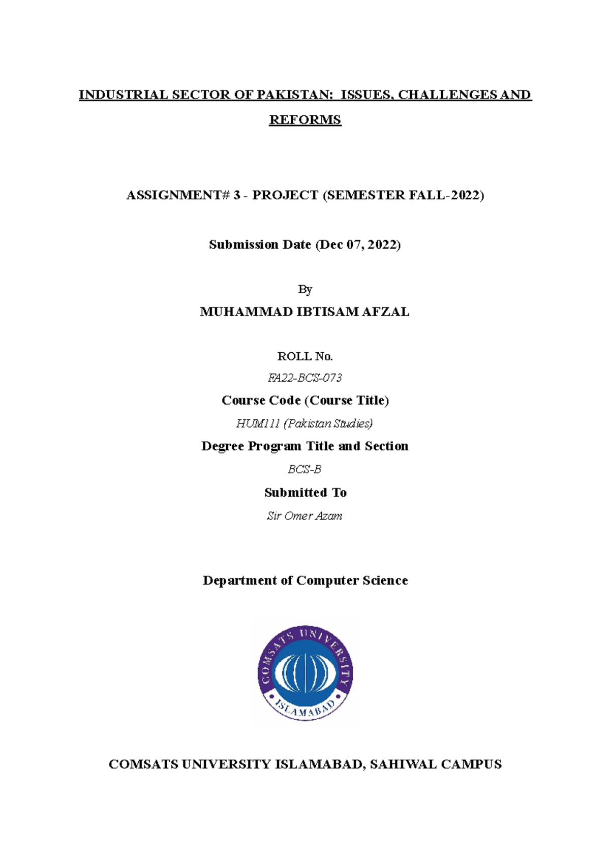 HUM111 Pak Studies Assignment#3: Industrial Sector Analysis Project ...