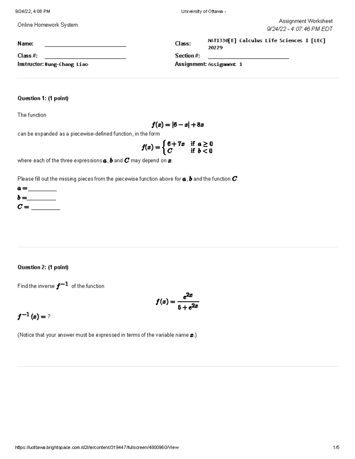 Assignment 01 - MAT1330 - Online Homework System Assignment Worksheet 9 ...