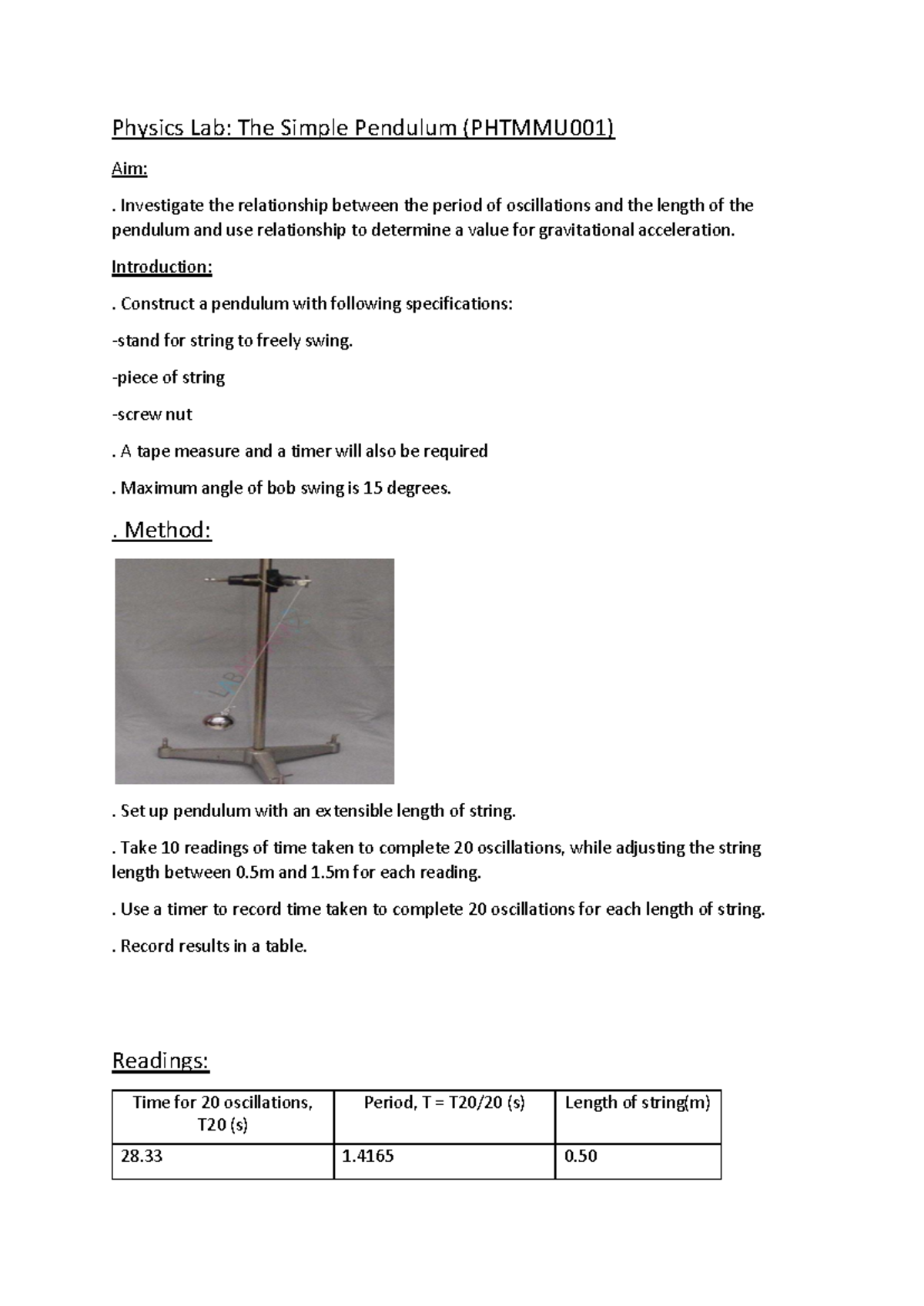 Physics lab report pendulum- force of gravity - PHY1031 - Studocu