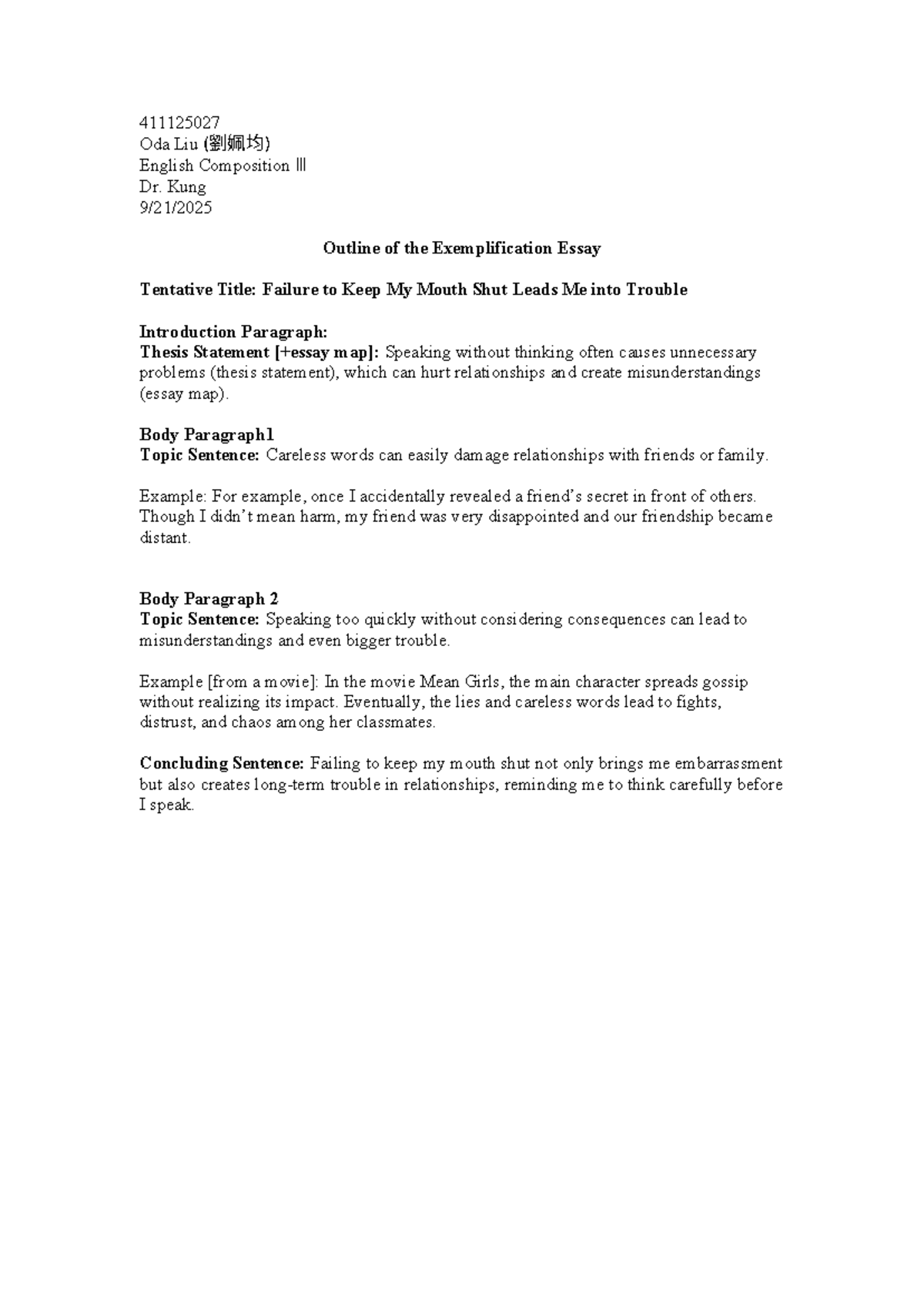 ENG Ⅲ Outline for Exemplification Essay: The Trouble of Speaking ...