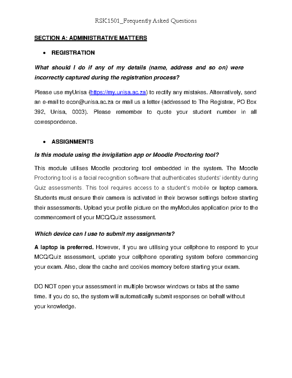 RSK1501 FAQ: Registration, Assignments & Exam Policies Overview - Studocu
