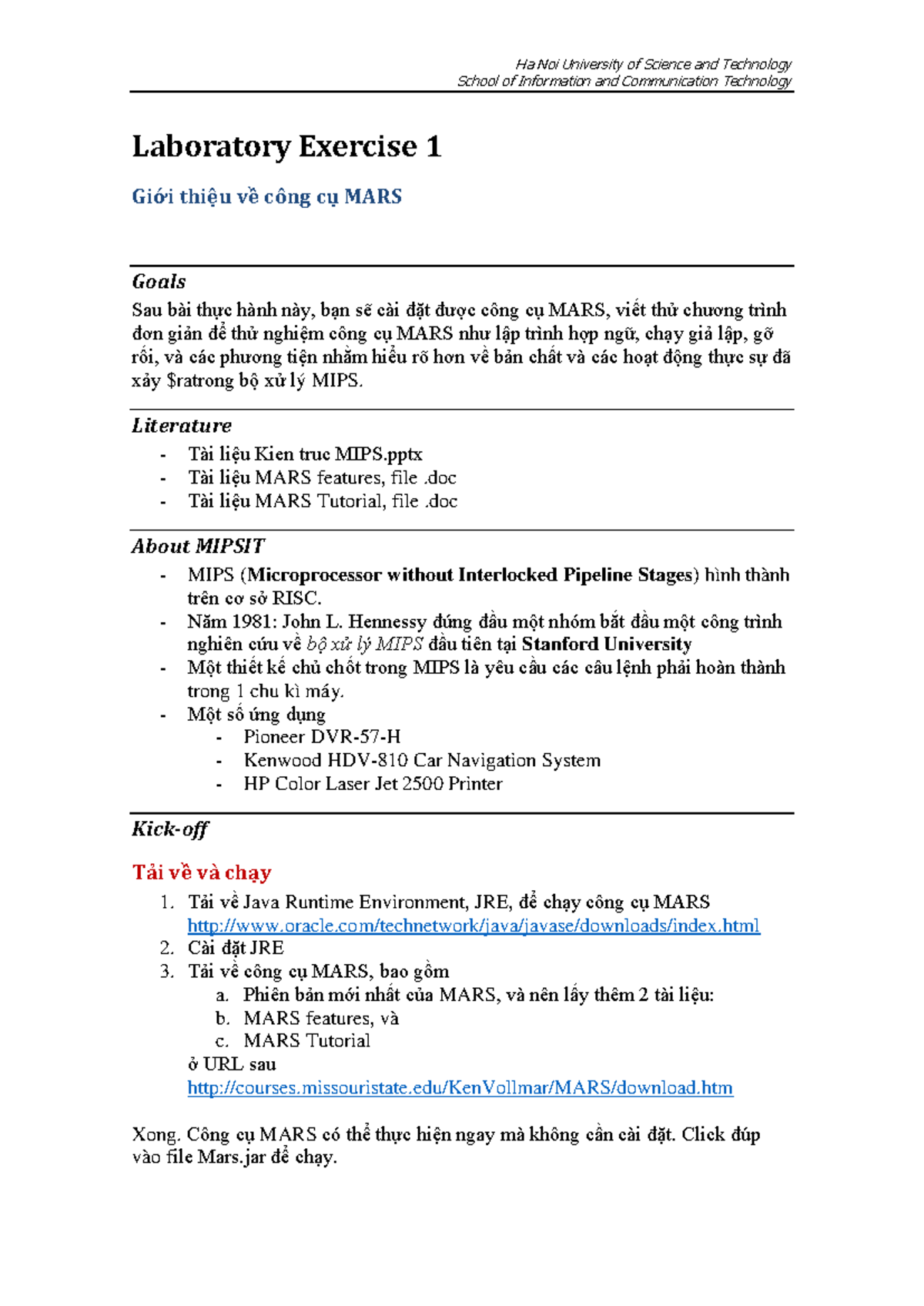IT3280 Thuchanh KTMT Lab Exercises and MARS Tool Overview - Studocu