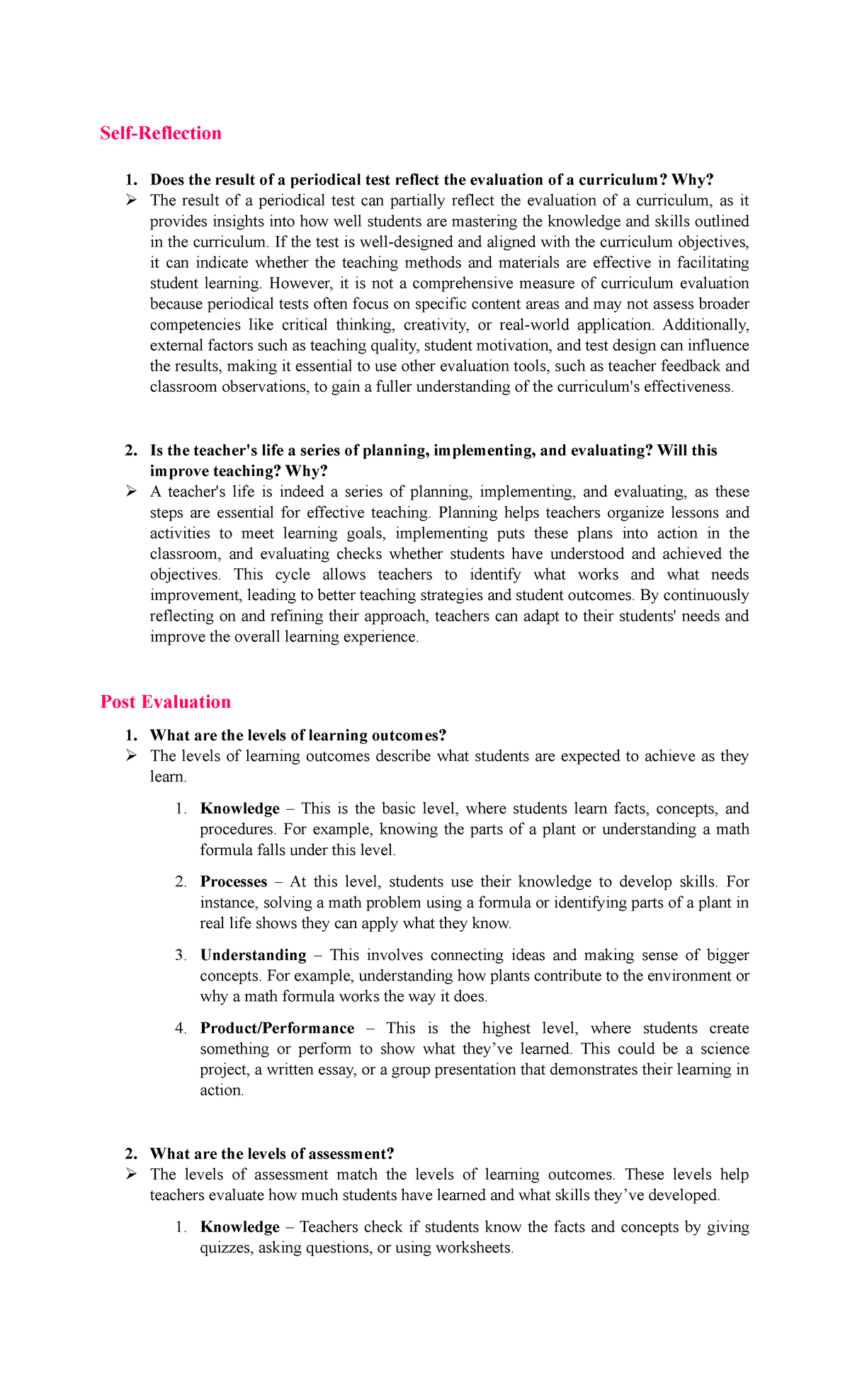 Post Evaluation: Reflecting on Learning Outcomes and Assessment Methods ...