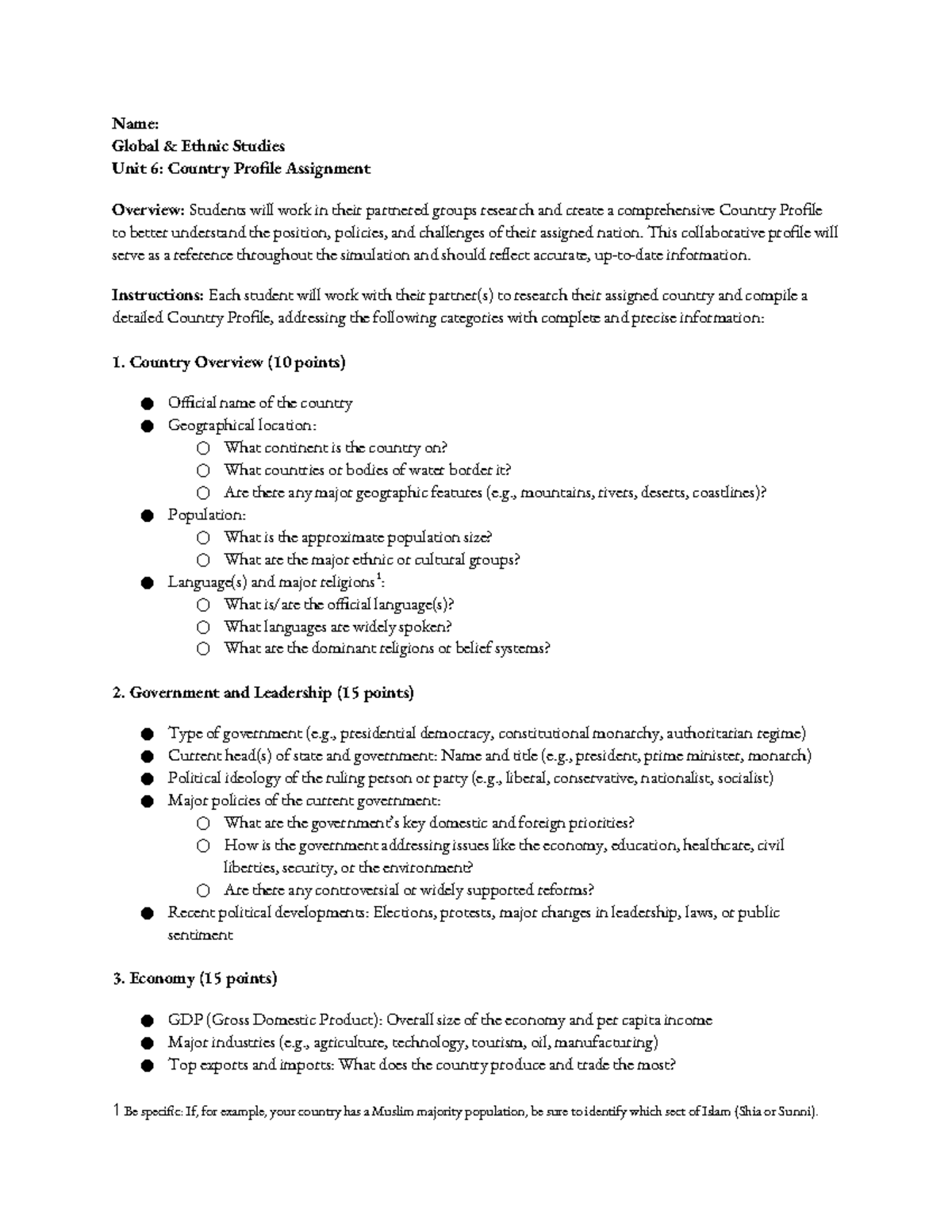 Unit 6: Country Profile Assignment for Global & Ethnic Studies - Studocu