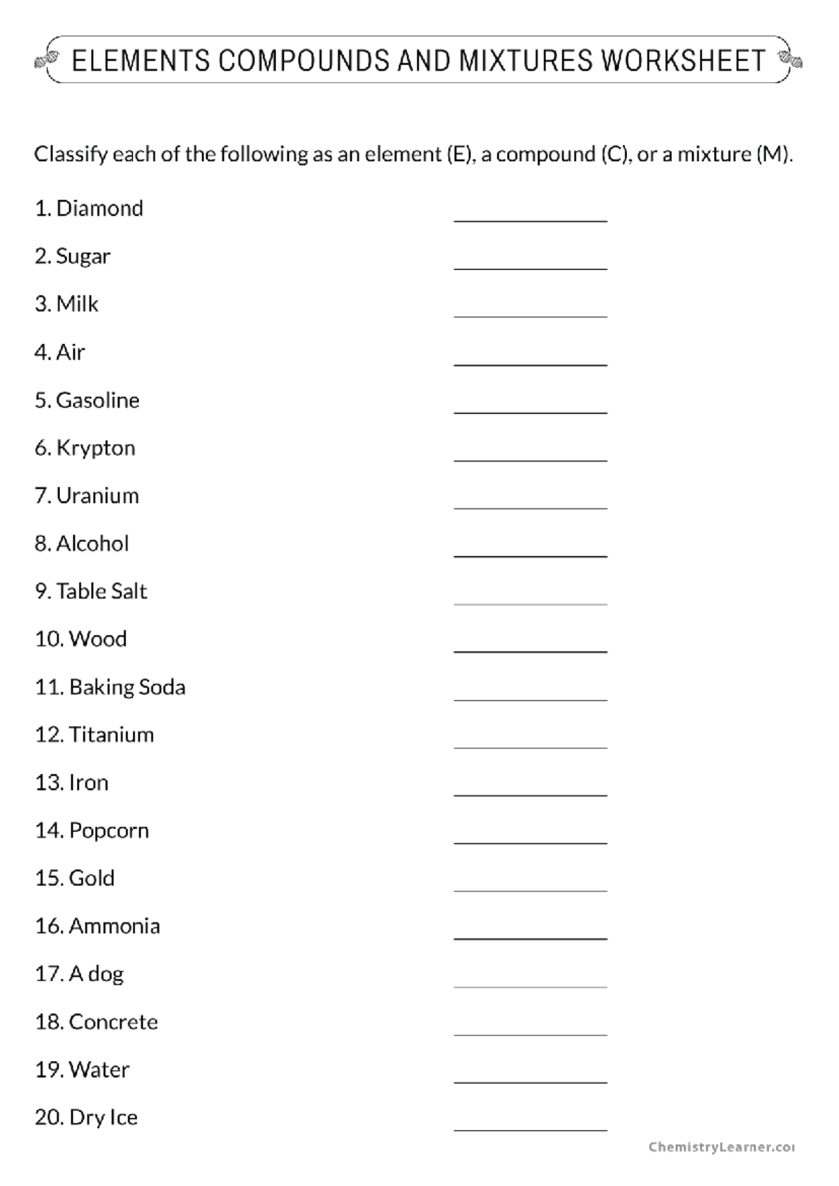 Chem-4 Elements, Compounds, and Mixtures Classification Worksheet - Studocu