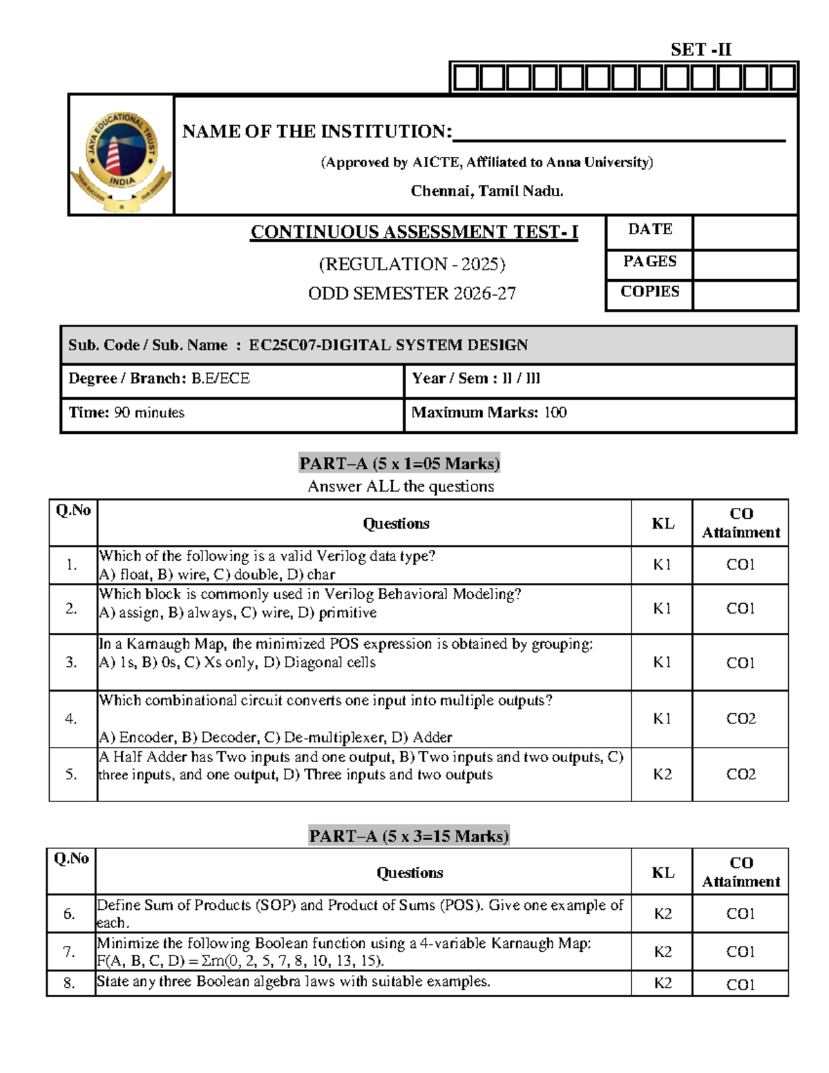 DSD EC25C07 Continuous Assessment I - System Design Questions - Studocu