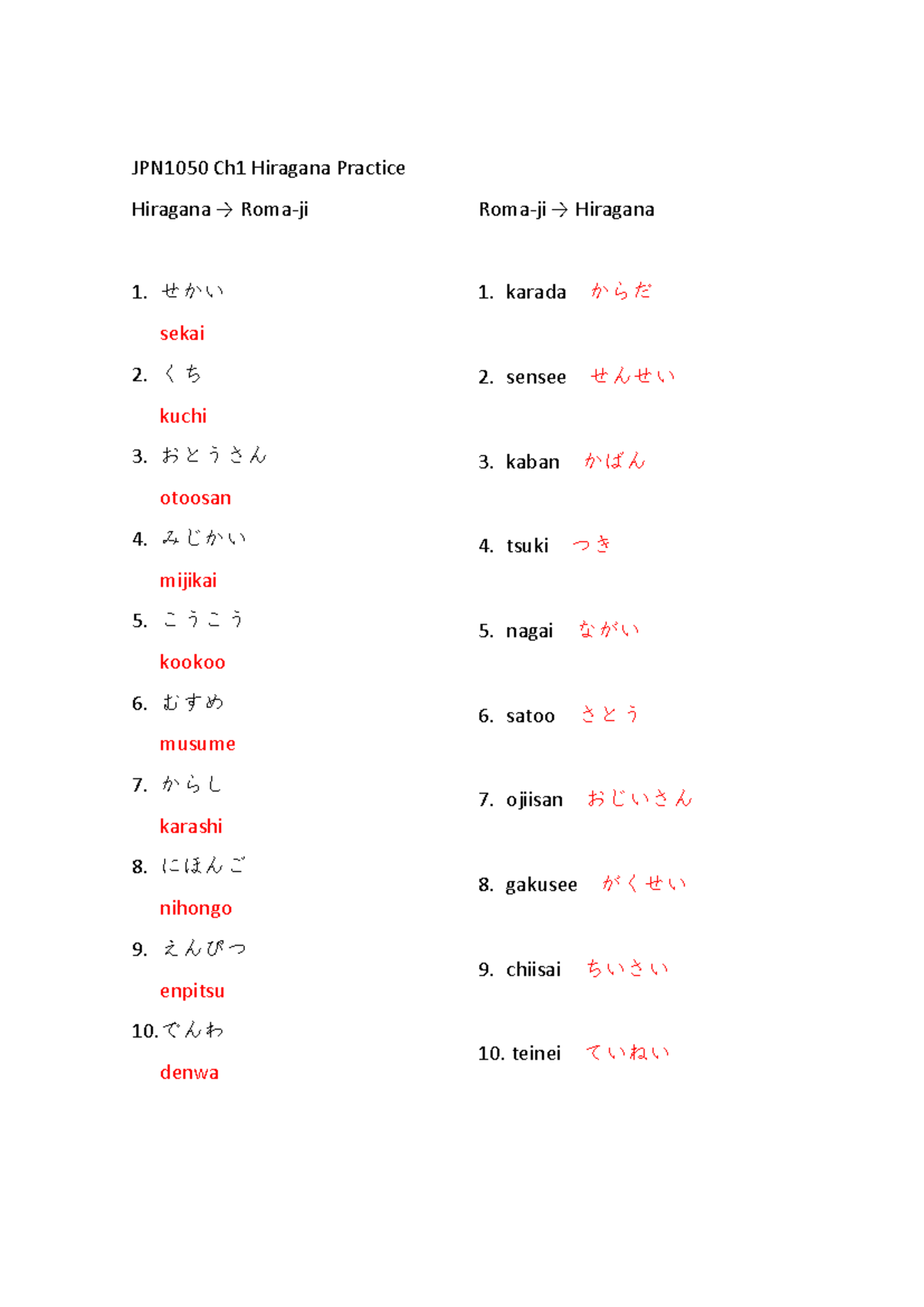 Ch1%20Hiragana%20Practice Answer - Japanese 1036 - JPN1050 Ch1 Hiragana ...