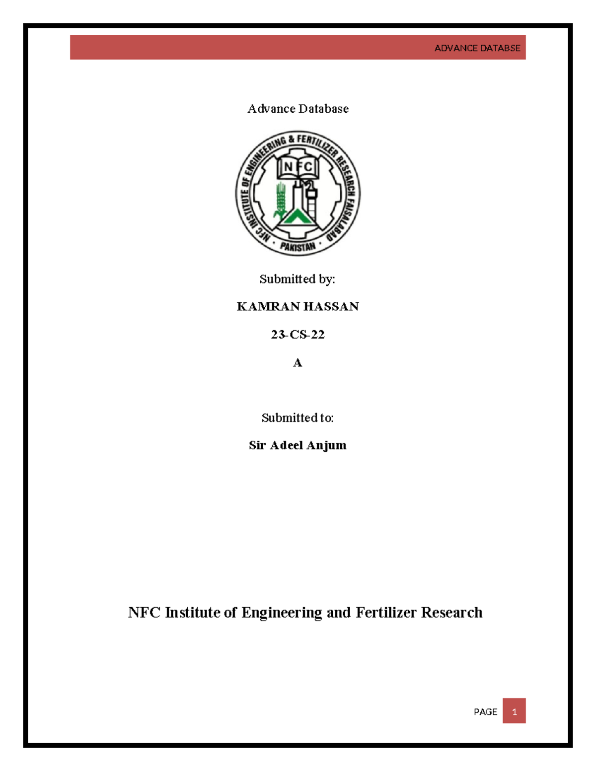 LAB 1 Kamran Hassan - Lab work helping material - Advance Database ...