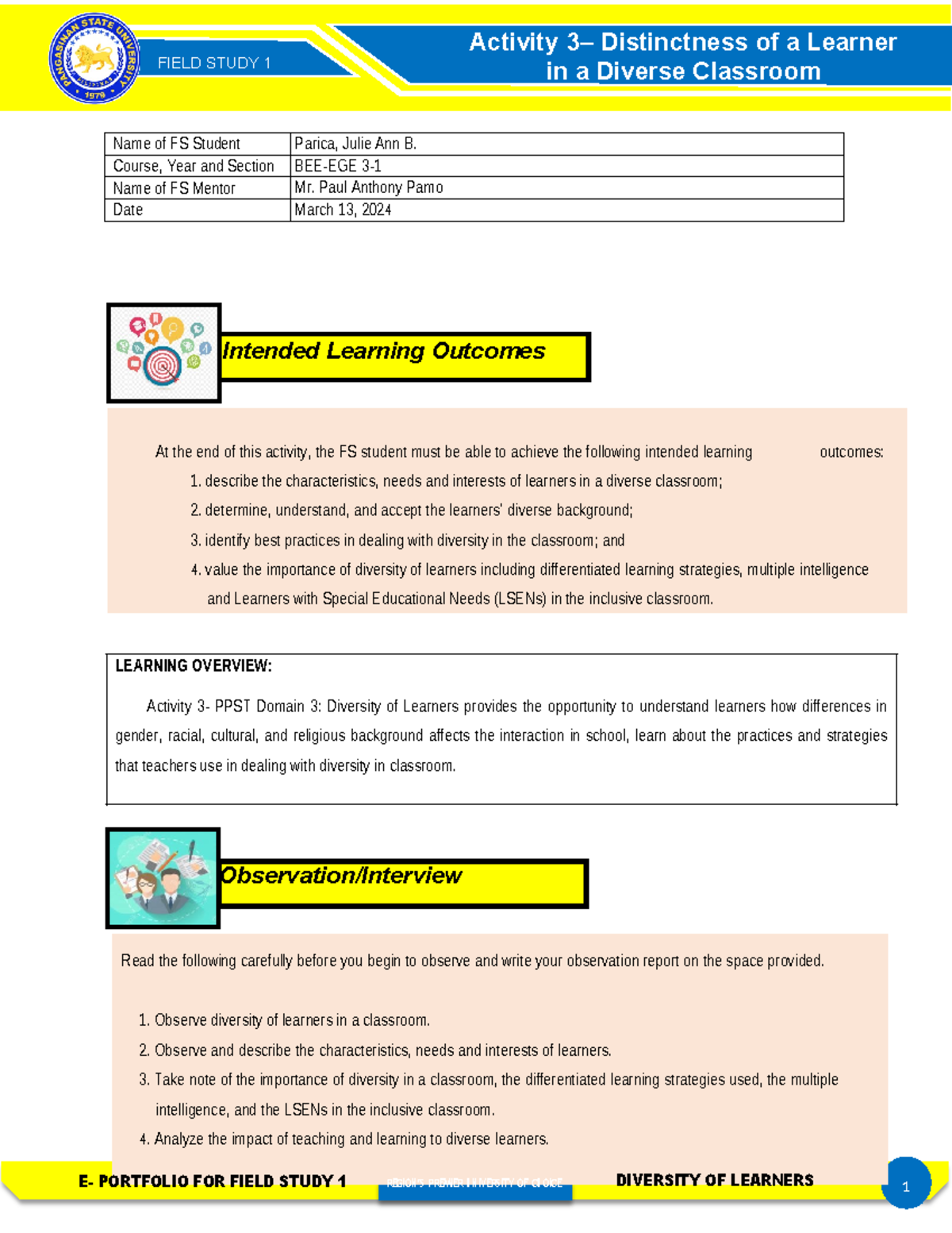 FS1-Activity-3: E-Portfolio on Diversity of Learners in Classrooms ...