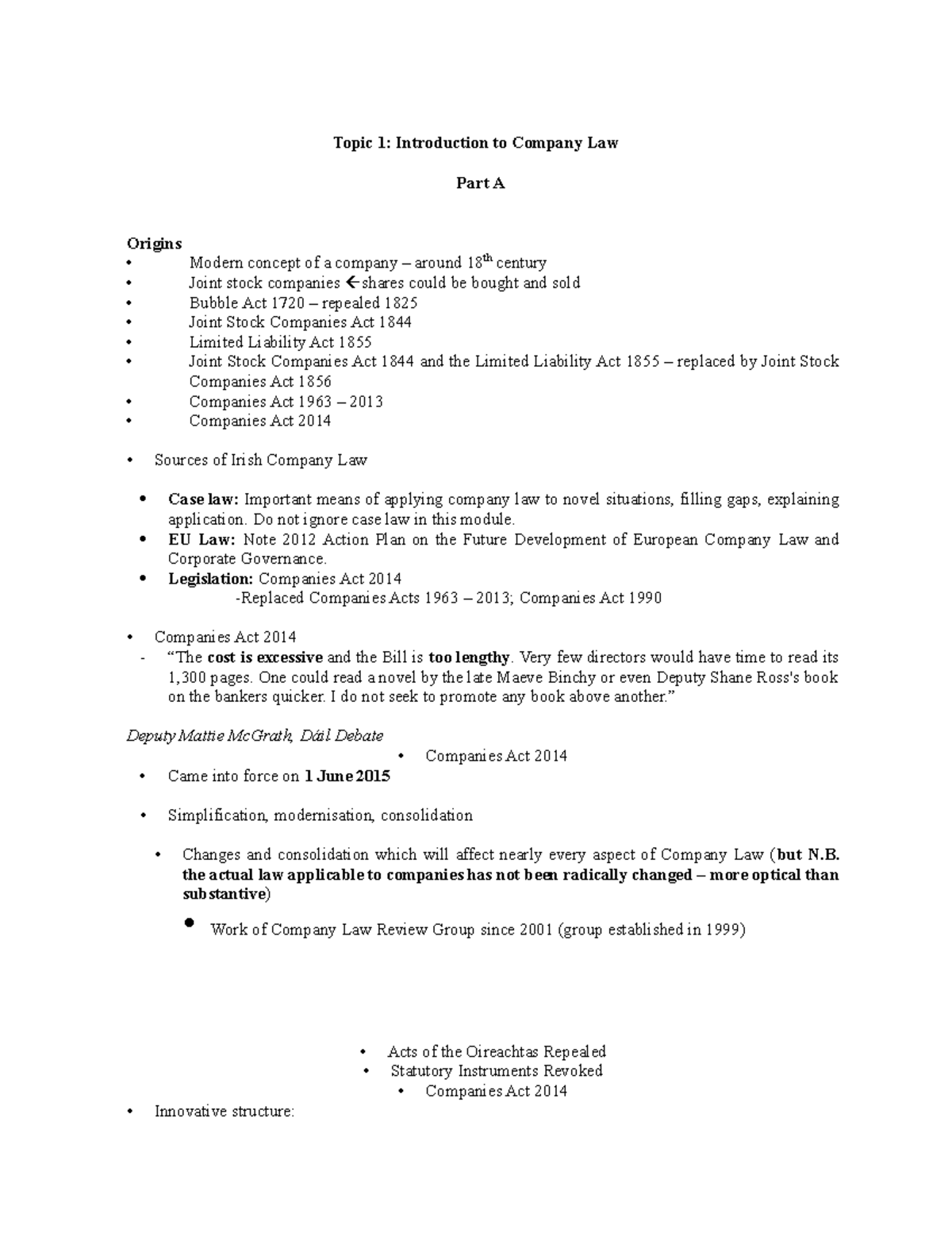 Topic 1 company law notes for exam - Topic 1: Introduction to Company ...