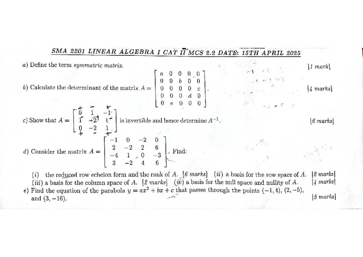 SMA 2201 Linear algebra I cat II exam notes for 2025 - Studocu