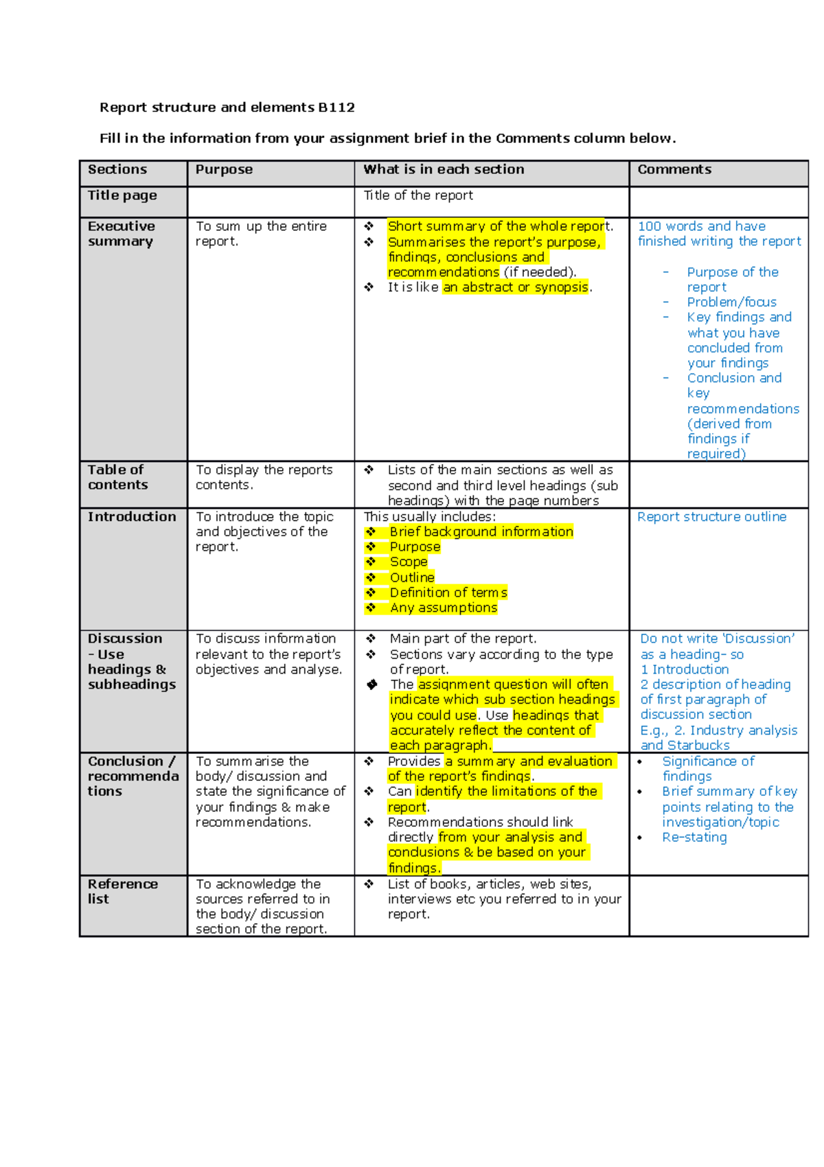 Report elements B112.blank comments - Report structure and elements B ...