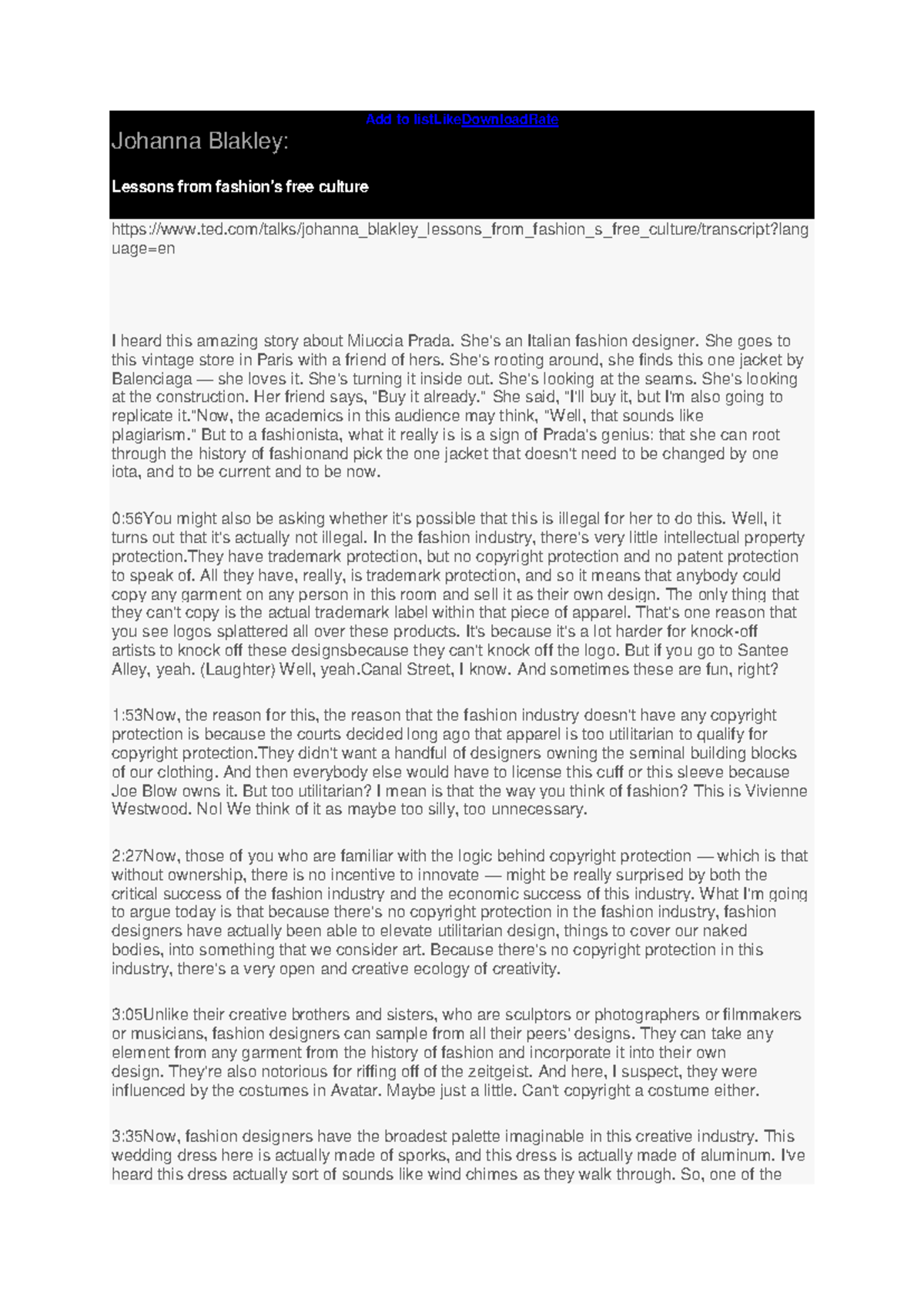 ENG 5: TED Talk Transcript - Johanna Blakley on Fashion & Copyright ...