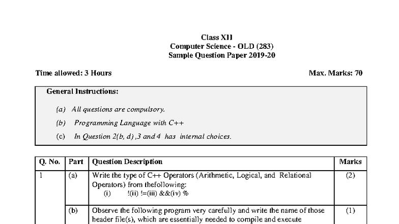 Class XII Computer Science OLD (283) Sample Question Paper - Studocu