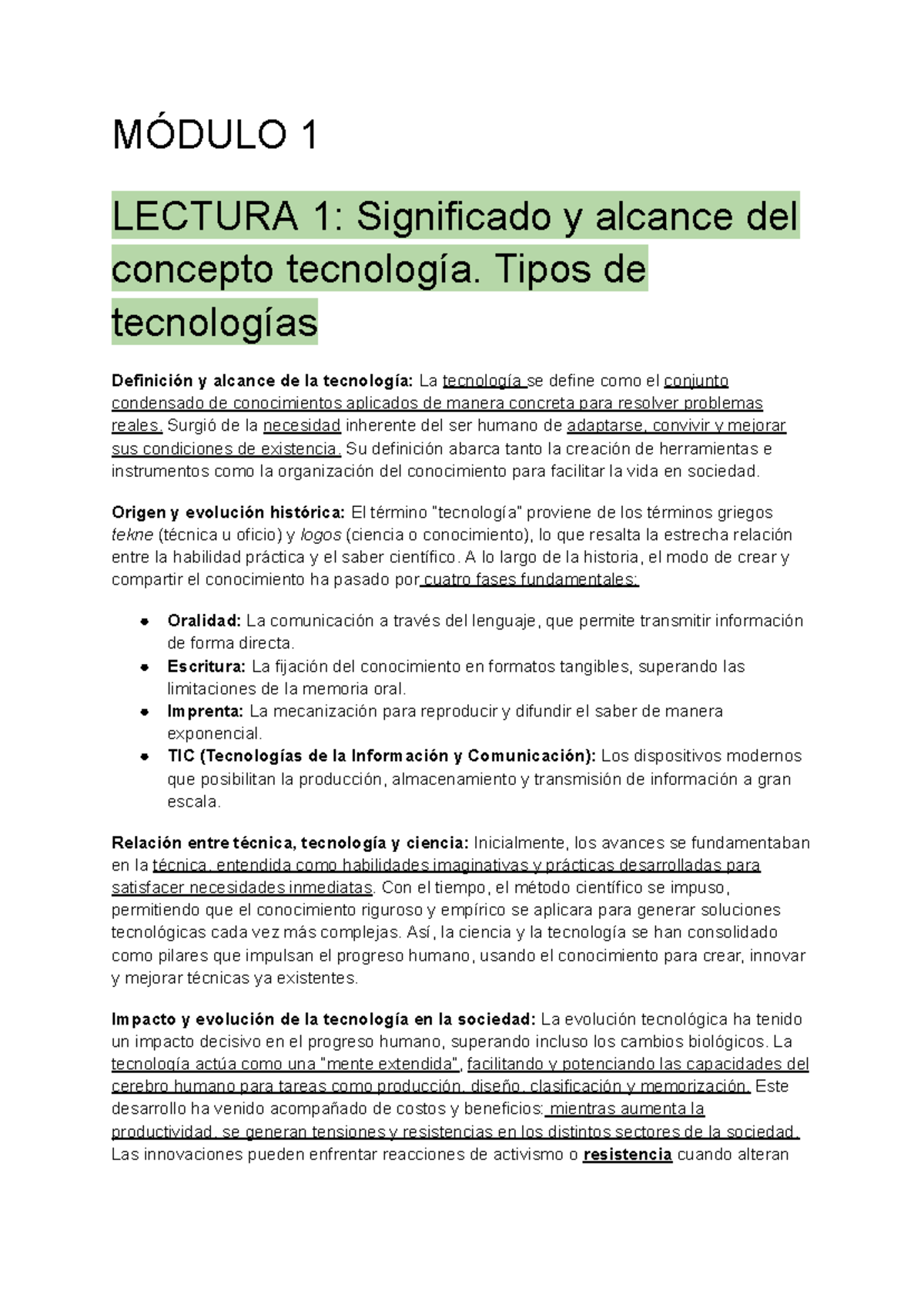 MÓDULO 1 LECTURA 1: Significado y Alcance de la Tecnología y su ...