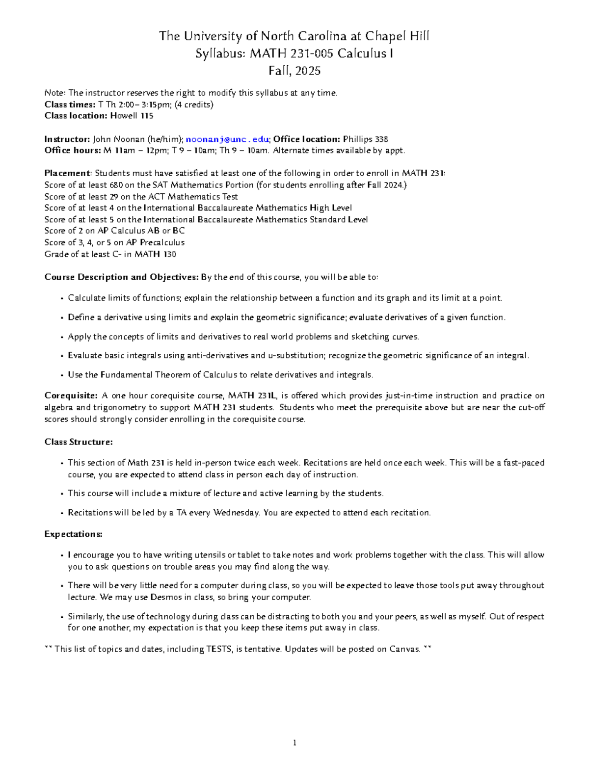 MATH 231: Calculus I Syllabus - Fall 2025 (Noonan) - Studocu