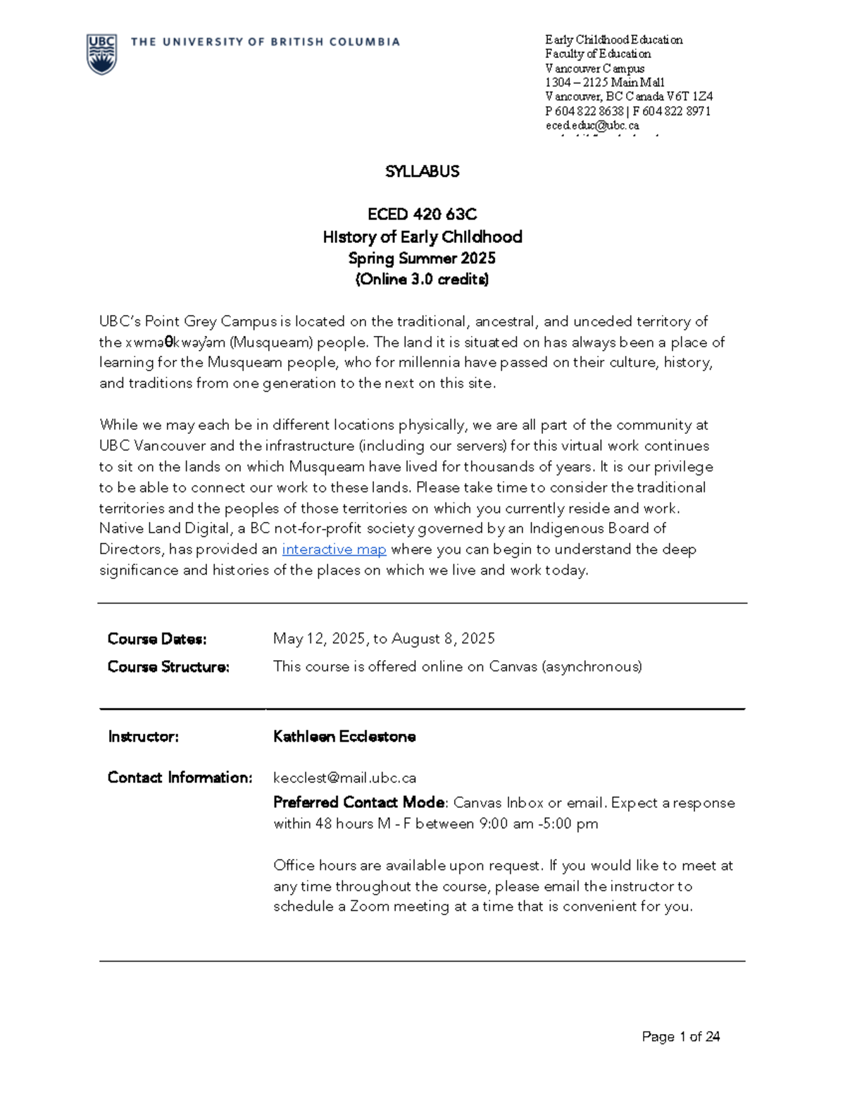 ECED 420 63C Syllabus: History of Early Childhood Education SS 2025 ...