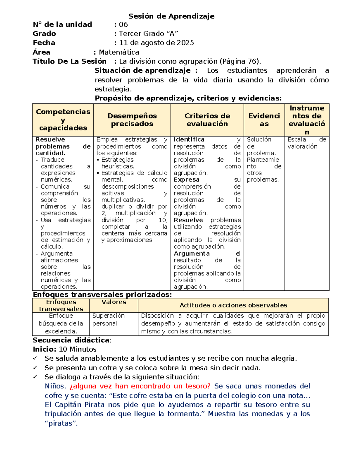 Sesión de Aprendizaje: La División como Agrupación - Matemática 3 - Document Preview