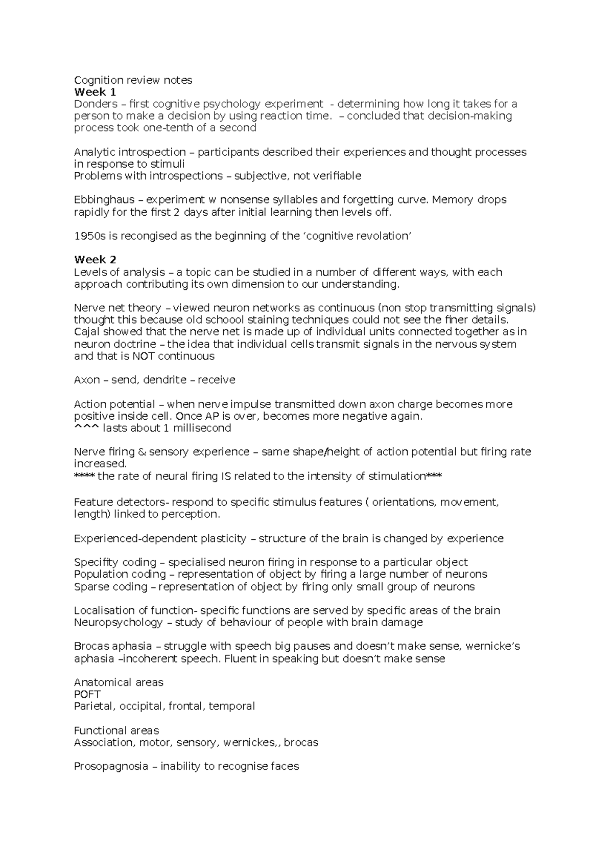 Cognition review notes - Cognition review notes Week 1 Donders – first ...