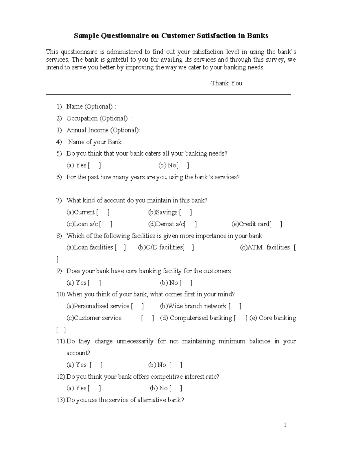 75872388 Customer Satisfaction Survey Questionnaire for Banks - Studocu