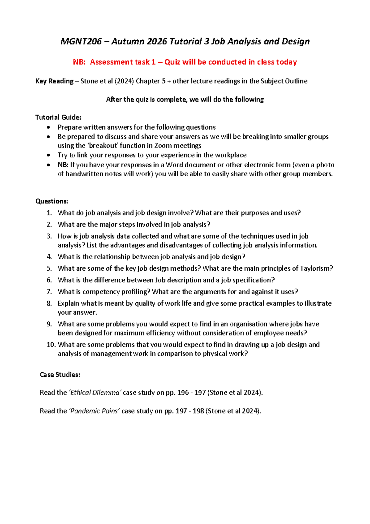 MGNT206 Autumn 2026 Tutorial 3: Job Analysis & Design Insights - Studocu