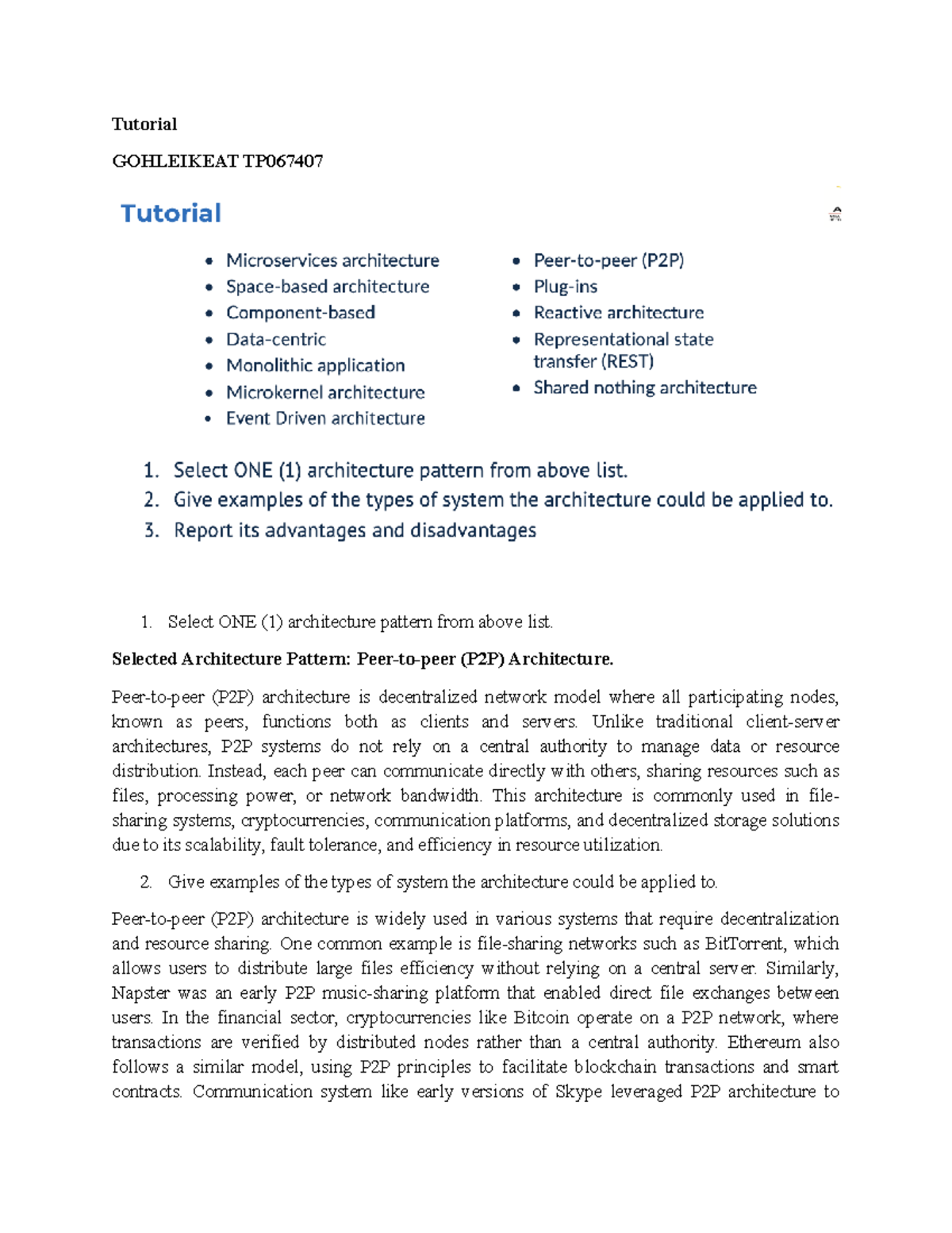 Tutorial 3: P2P Architecture Overview and Applications (TP067407) - Studocu