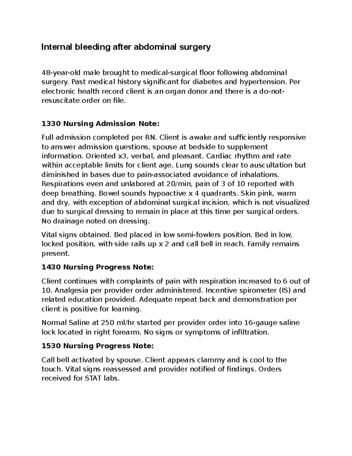 Post-Op Nursing Assessment: Management of Internal Bleeding - Studocu