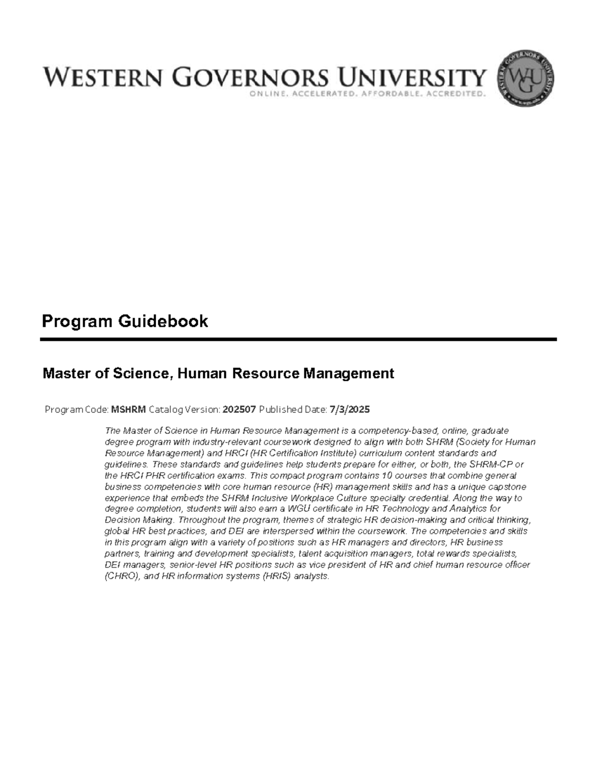 WGU MSHRM Program Guidebook: Master of Science in HR Management - Studocu