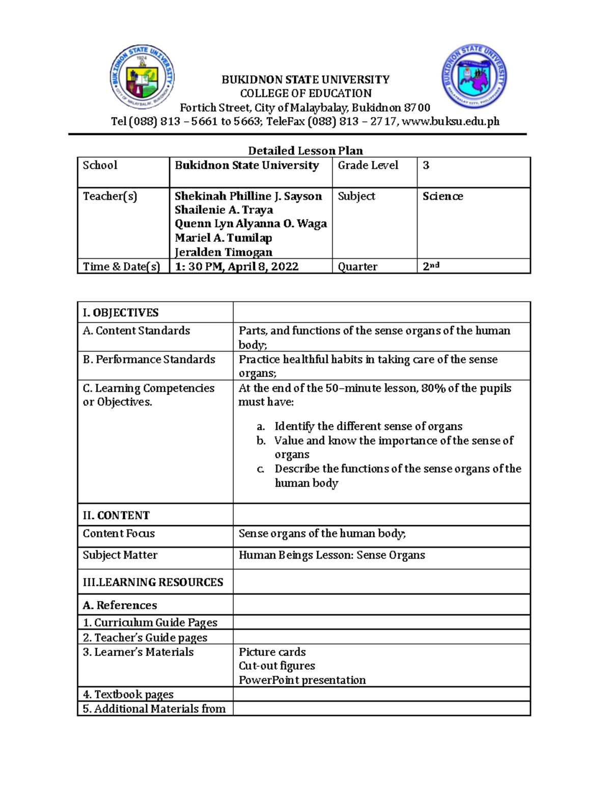 Detailed Lesson Plan on Sense Organs - Final Draft - EDU 101 - Studocu