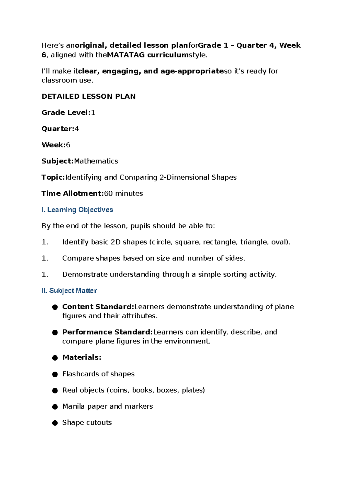 Detailed Lesson Plan for Grade 1 Math: Shapes (Q4 W6) - Studocu