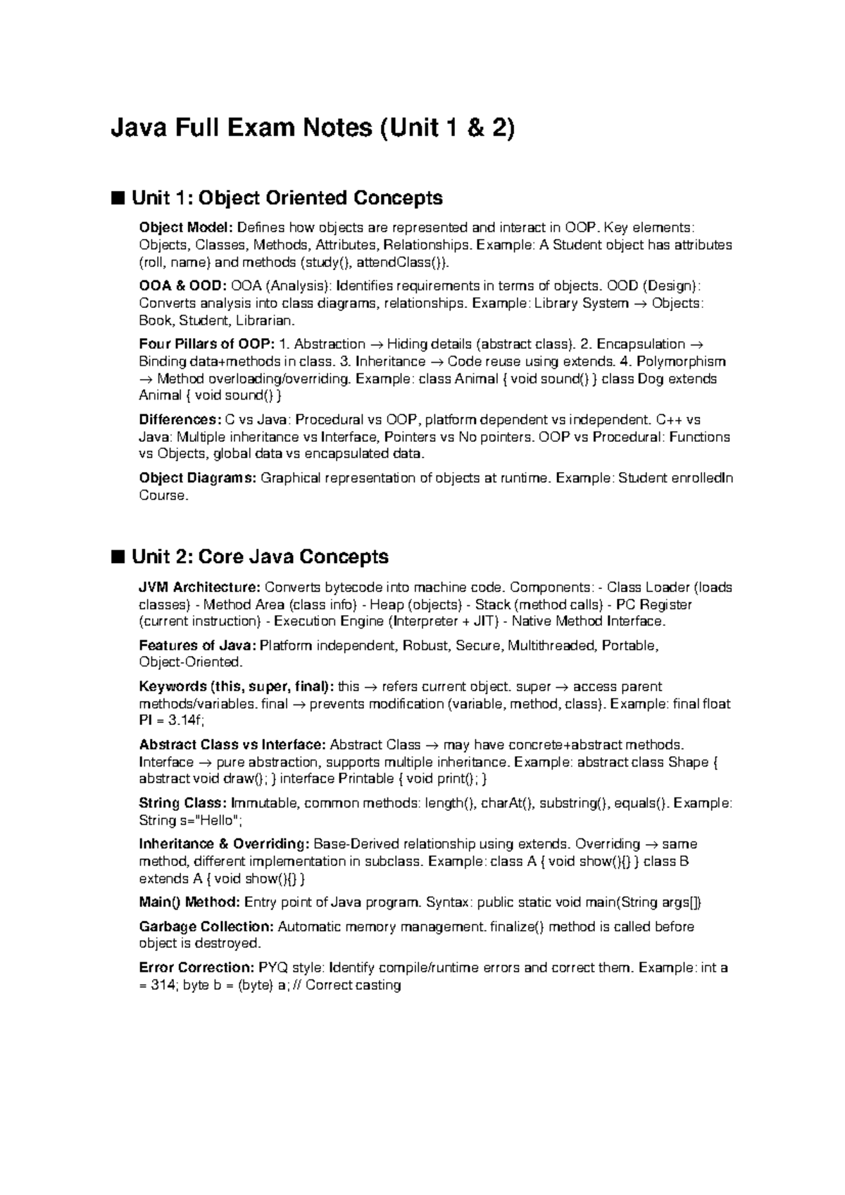 Java Full Exam Notes (Units 1 & 2): OOP & Core Concepts - Studocu