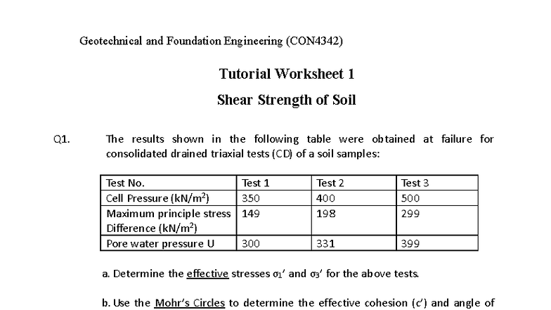 Geotechnical Engineering (CON4342) Tutorial 1: Shear Strength Analysis ...