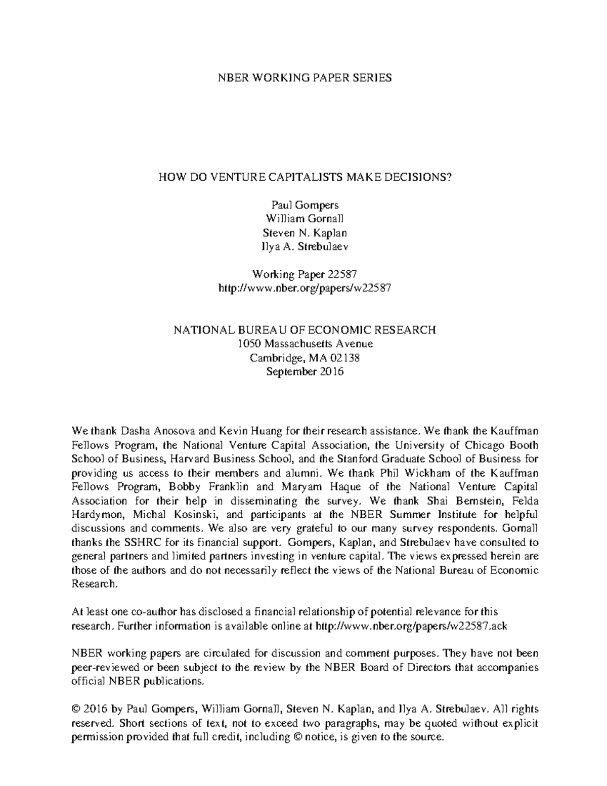 NBER Working Paper 22587: Venture Capitalists' Decision-Making Process ...