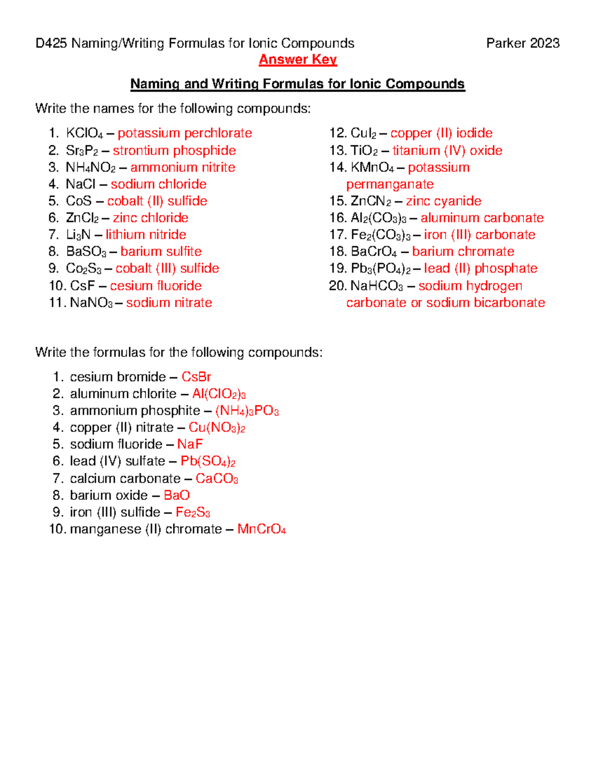 D425 Final Exam Answer Key: Ionic Compounds Naming & Formulas - Studocu